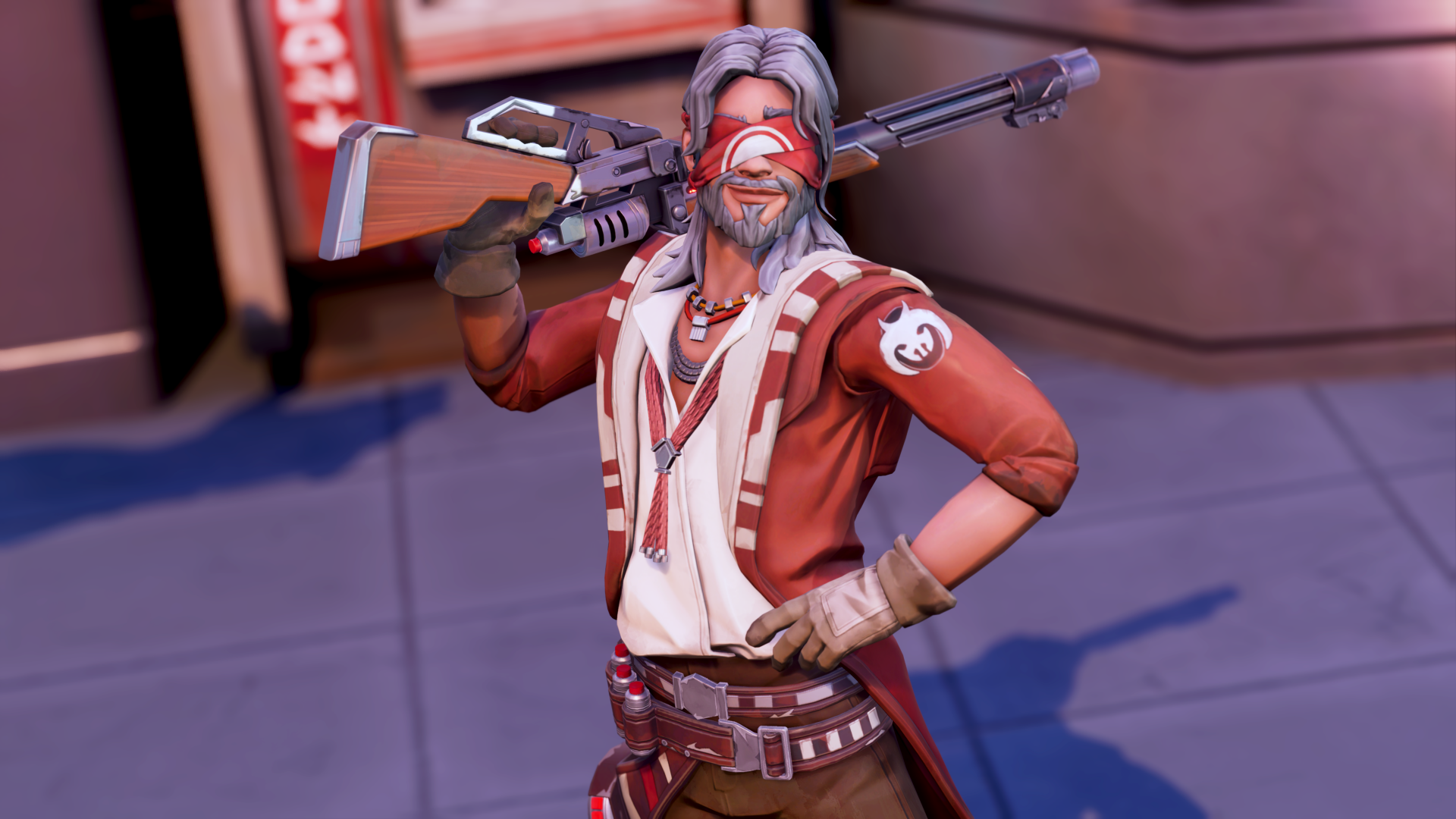 HD desktop wallpaper featuring a character from the video game Star Wars: Hunters, showcasing a confident warrior with a blaster rifle and an eyepatch, standing in an urban environment.