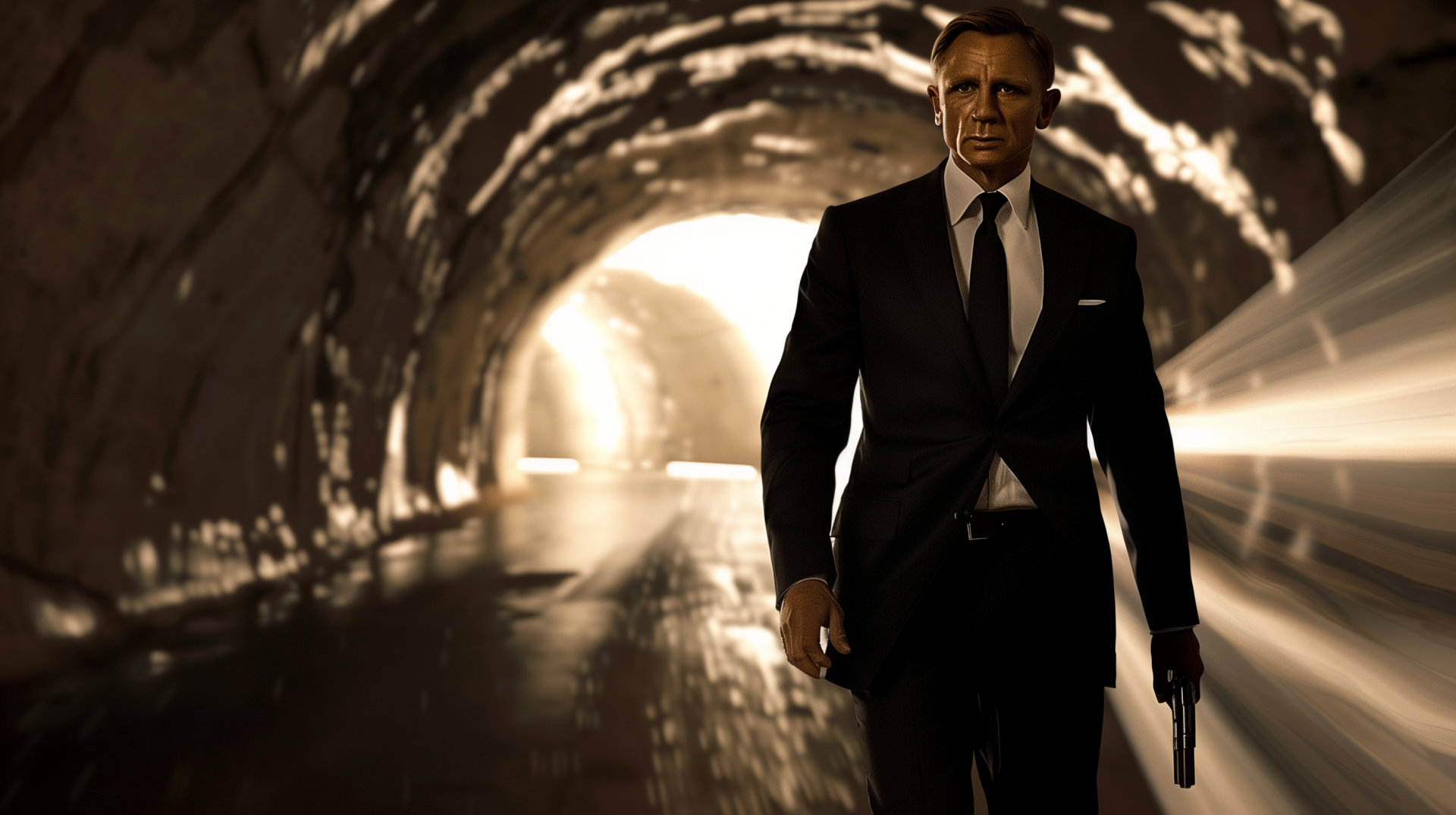 James Bond as portrayed by Daniel Craig stands confidently in a dark tunnel, holding a gun. Sunlight filters in from behind, creating a dramatic backdrop. HD desktop wallpaper.