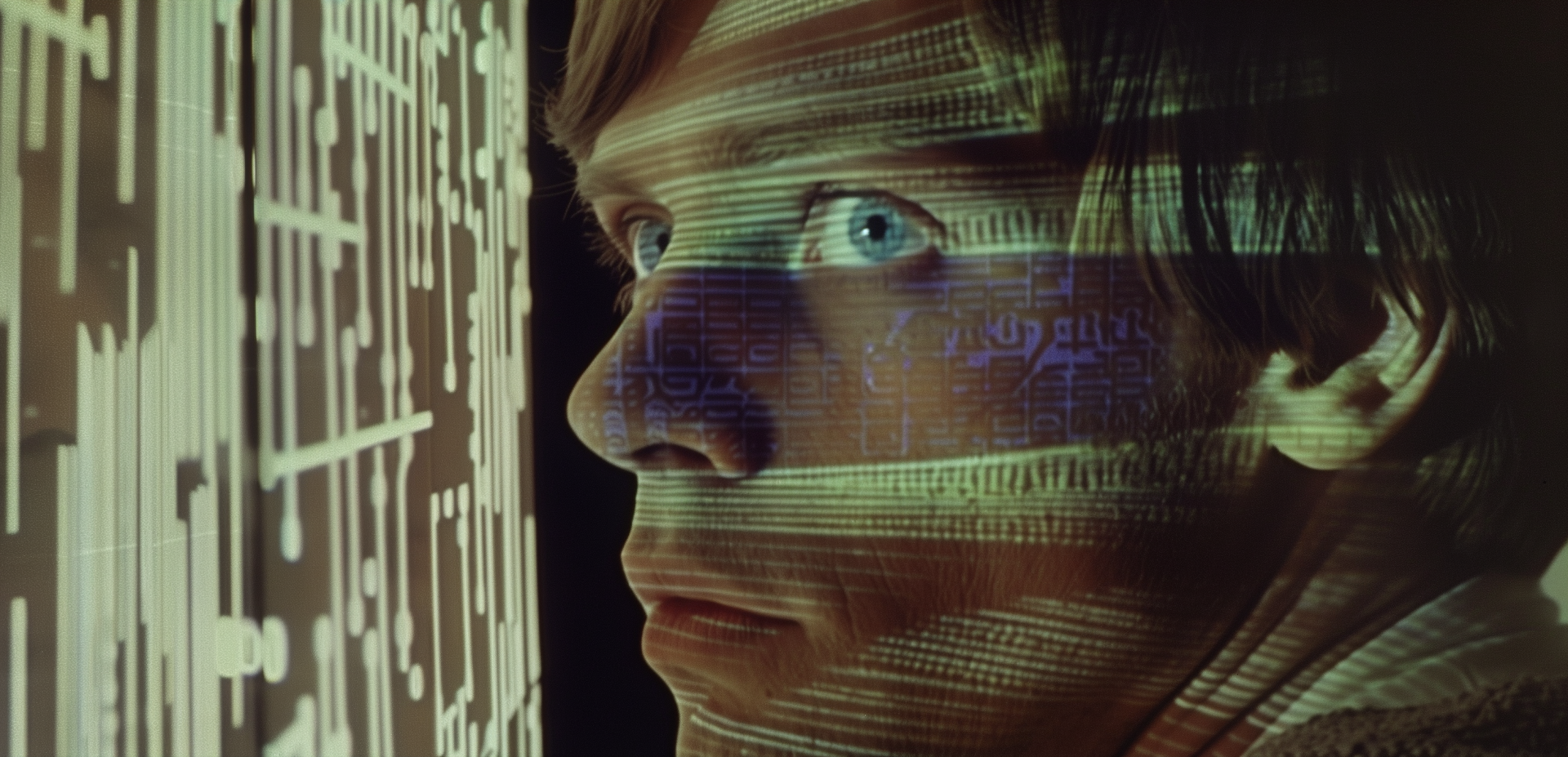 HD wallpaper featuring Mark Hamill as Luke Skywalker from Star Wars, with a close-up view and digital projections on his face, creating a futuristic and iconic cinematic background.