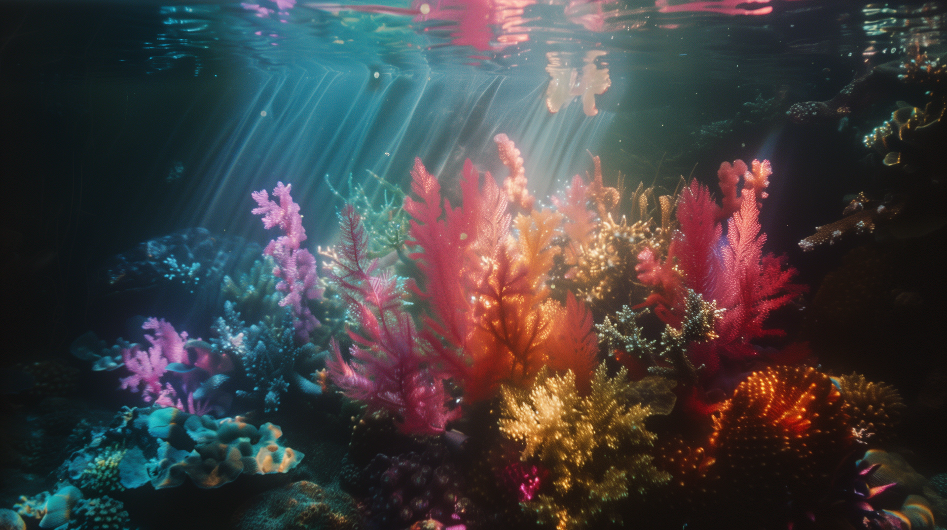 HD desktop wallpaper showing a vibrant underwater reef with colorful coral and diverse sea life, bathed in ethereal sunlight from above.