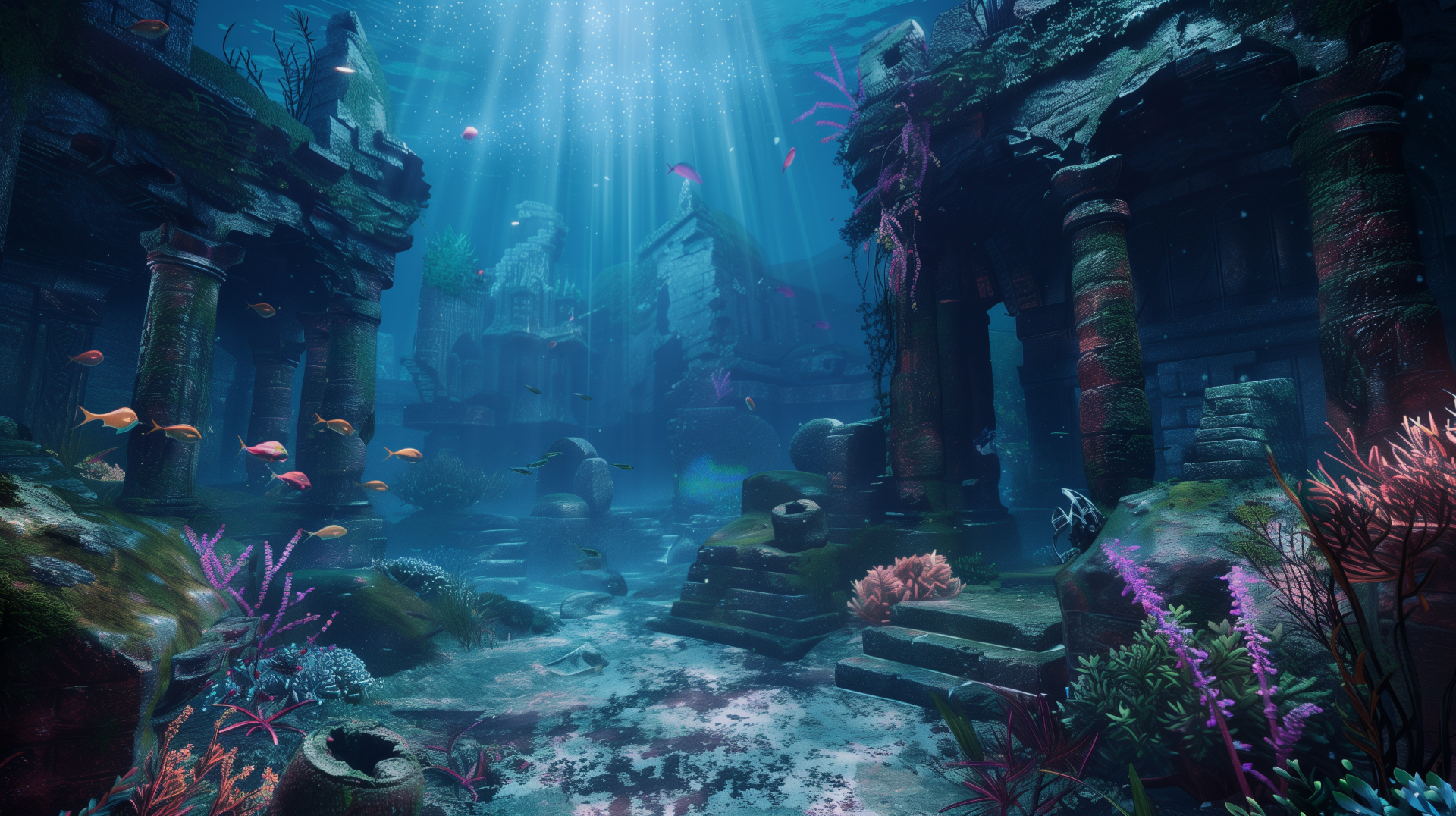 HD wallpaper of an underwater Atlantis ruin adorned with sea life and colorful coral reefs, illuminated by sunlight filtering through the water.