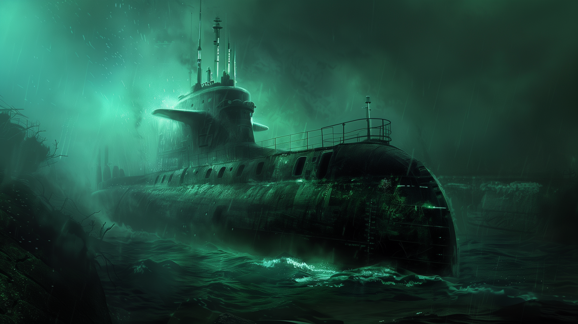 A high-definition image of a military submarine navigating through a turbulent ocean, suitable as a desktop wallpaper or background.
