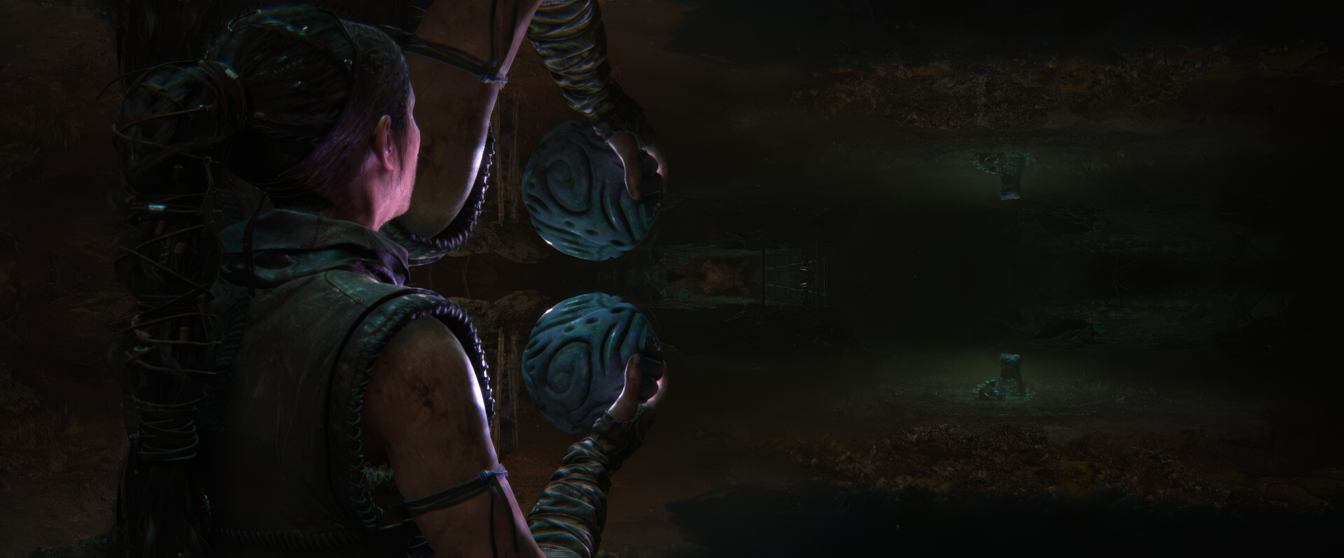 A high-definition desktop wallpaper from Senua's Saga: Hellblade II featuring Senua holding mysterious, glowing orbs against a dark, mystical backdrop.