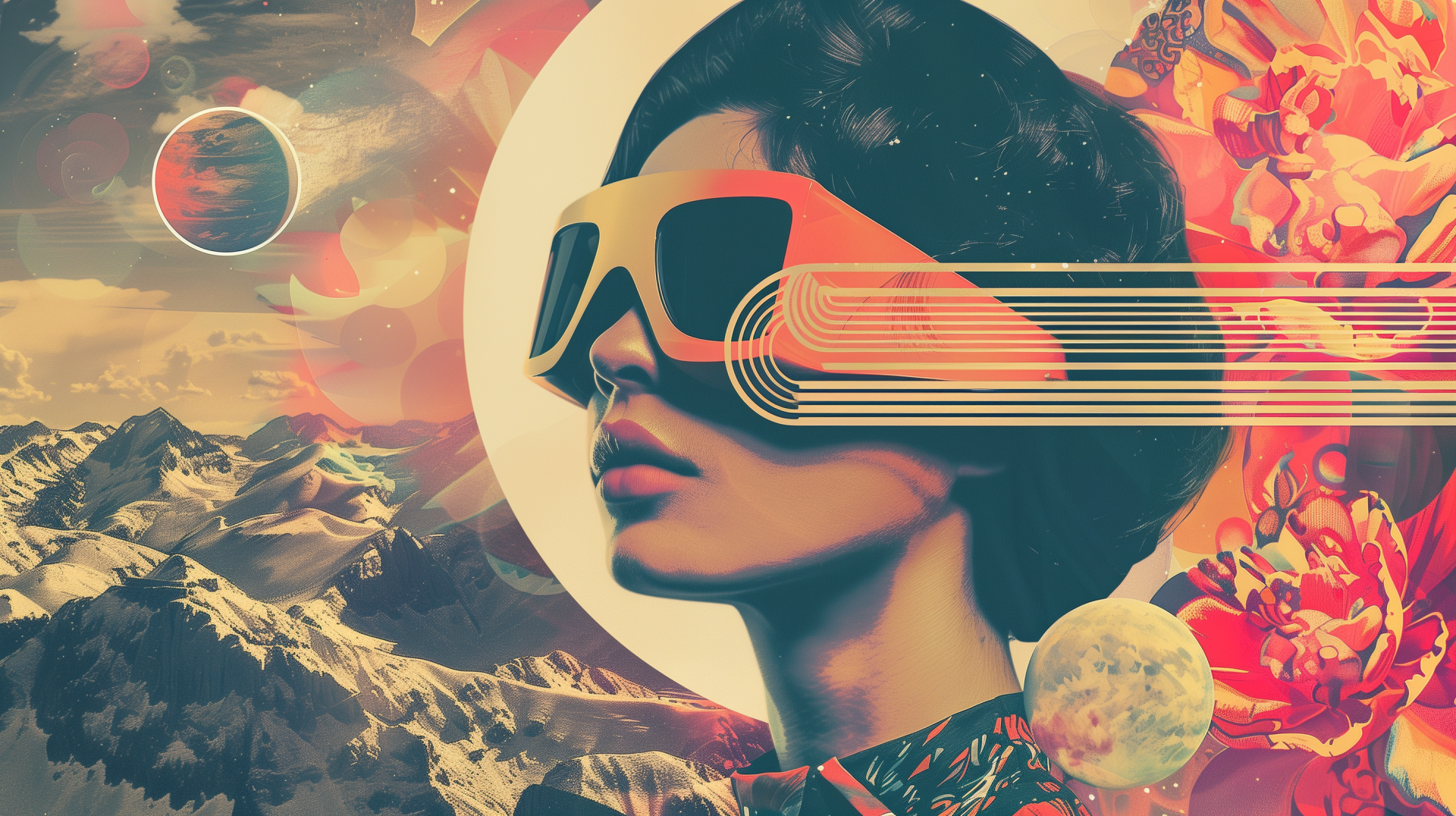Retro and vintage-themed HD desktop wallpaper featuring a dreamy, futuristic aesthetic. The image combines a woman's profile in futuristic glasses with an abstract background of planets and mountains.