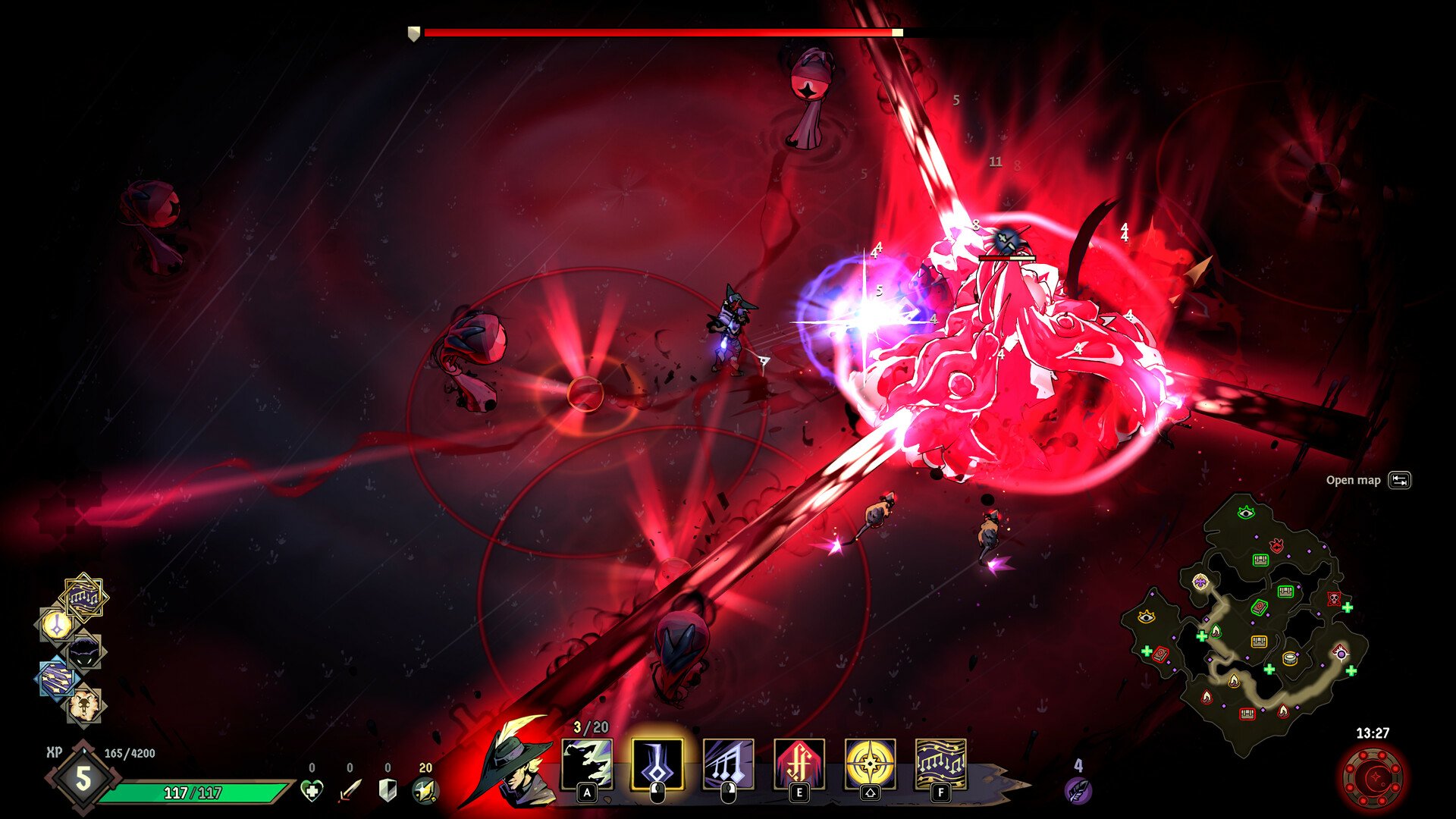 An intense battle scene from the video game Ravenswatch, depicted as a high-definition desktop wallpaper and background, featuring vibrant red energy and intricate character details.
