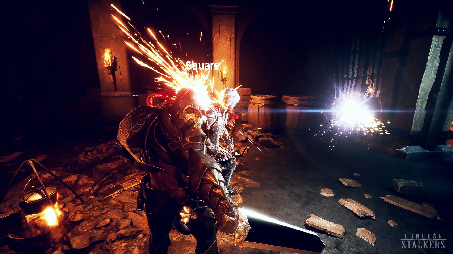 A high-definition desktop wallpaper and background from the video game Dungeon Stalkers, depicting an intense combat scene with bright sparks and dynamic lighting in a dark, dungeon-like environment.