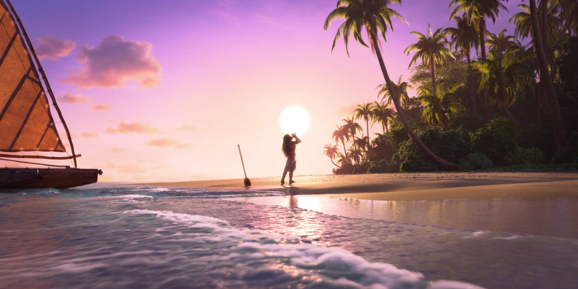 HD desktop wallpaper featuring a scene from Moana 2 with a character standing on a tropical beach at sunset, surrounded by palm trees and the ocean waves gently reaching the shore.
