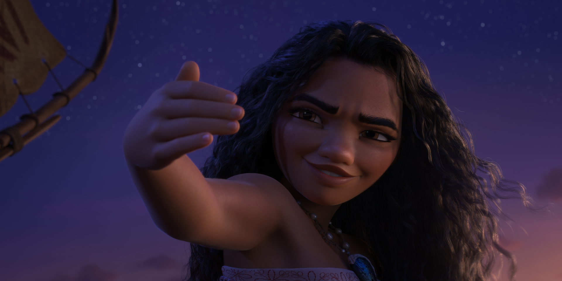 HD desktop wallpaper featuring Moana Waialiki from Moana 2, with a starry sky in the background.
