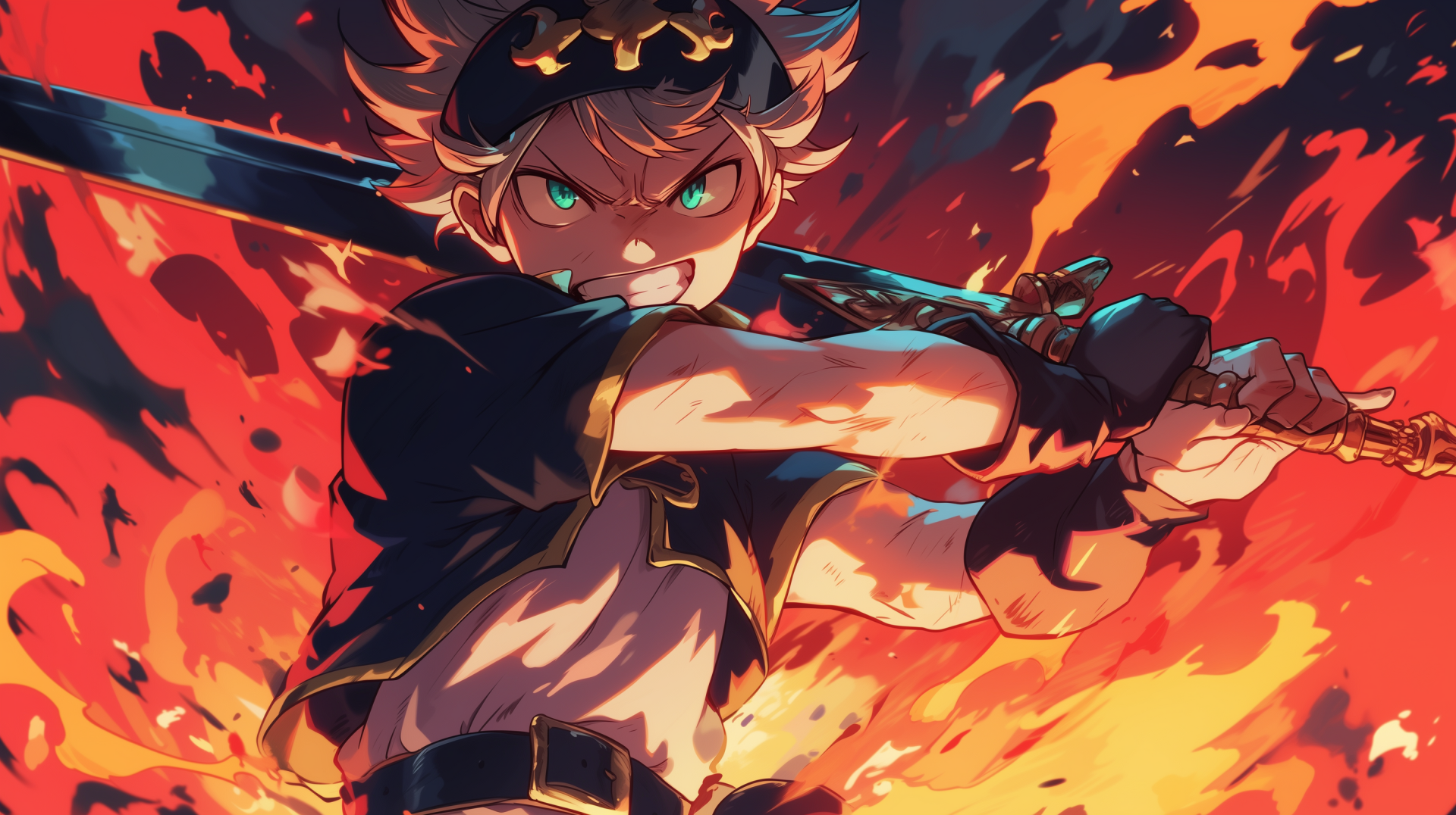 Anime character Asta from Black Clover displaying rage, holding a sword with intense flames in the background. HD desktop wallpaper.