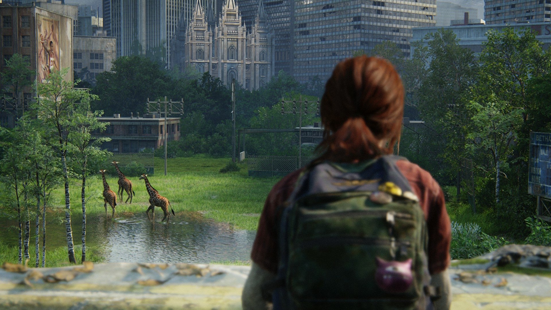HD PC desktop wallpaper from The Last of Us Part I: Ellie, seen from behind with a backpack, overlooks an overgrown, flooded city as deer graze — video game background.