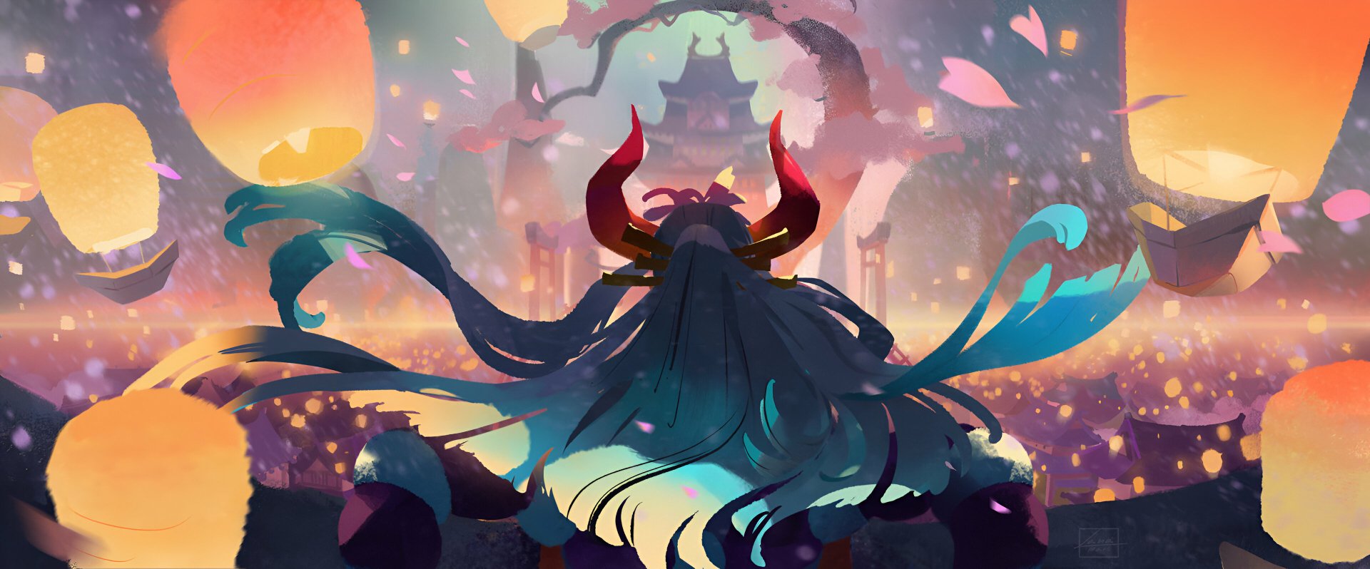 HD PC desktop wallpaper featuring Yamato from One Piece in an anime style, with glowing lanterns and cherry blossoms creating a vibrant, atmospheric backdrop.