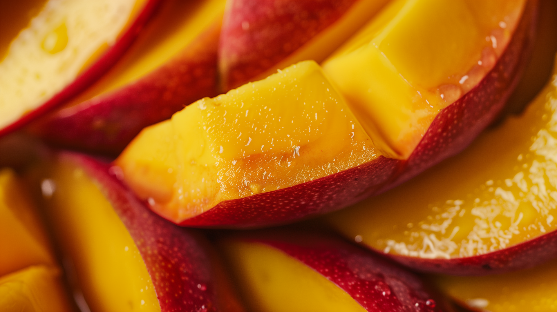 HD image of fresh, juicy mango slices with vibrant yellow and red hues, designed as a wallpaper and background.