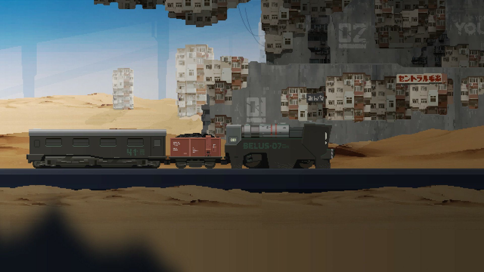 HD desktop wallpaper featuring a scene from the video game The Final Station, showcasing a train traveling through a post-apocalyptic desert with derelict buildings in the background.