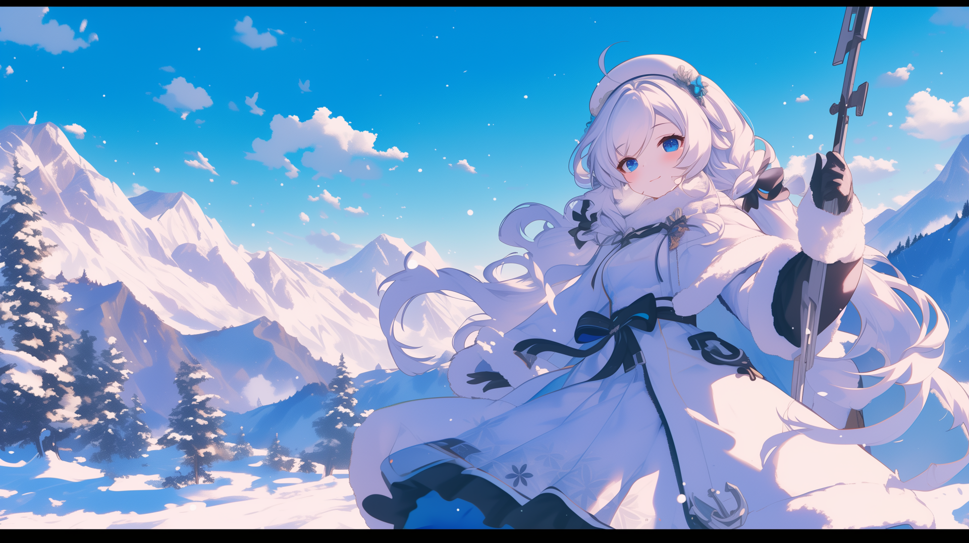 HD desktop wallpaper featuring an Anime character from Azur Lane standing in a snowy mountain landscape, dressed in winter attire with flowing white hair and blue eyes under a clear, blue sky.