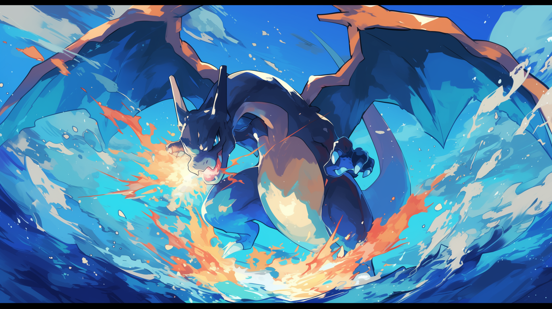 HD desktop wallpaper featuring Mega Charizard X (Pokémon) in vibrant colors, showcasing its fierce form and Mega Evolution with flames against a dynamic blue background.