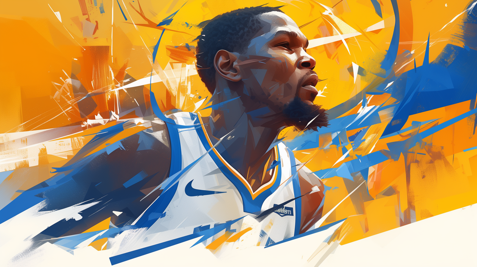 HD desktop wallpaper featuring a dynamic and artistic portrayal of basketball player Kevin Durant, set against a vibrant background of orange and blue brush strokes.