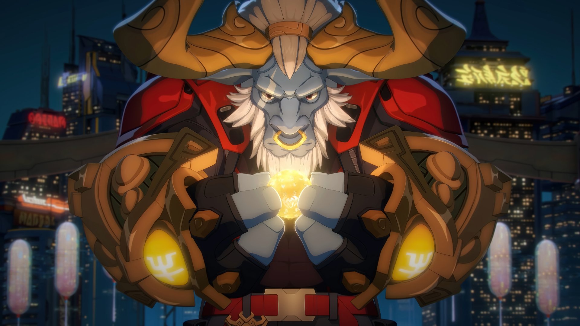 HD desktop wallpaper featuring Alistar from League of Legends, showcasing the character with glowing fists against a vibrant cityscape background.