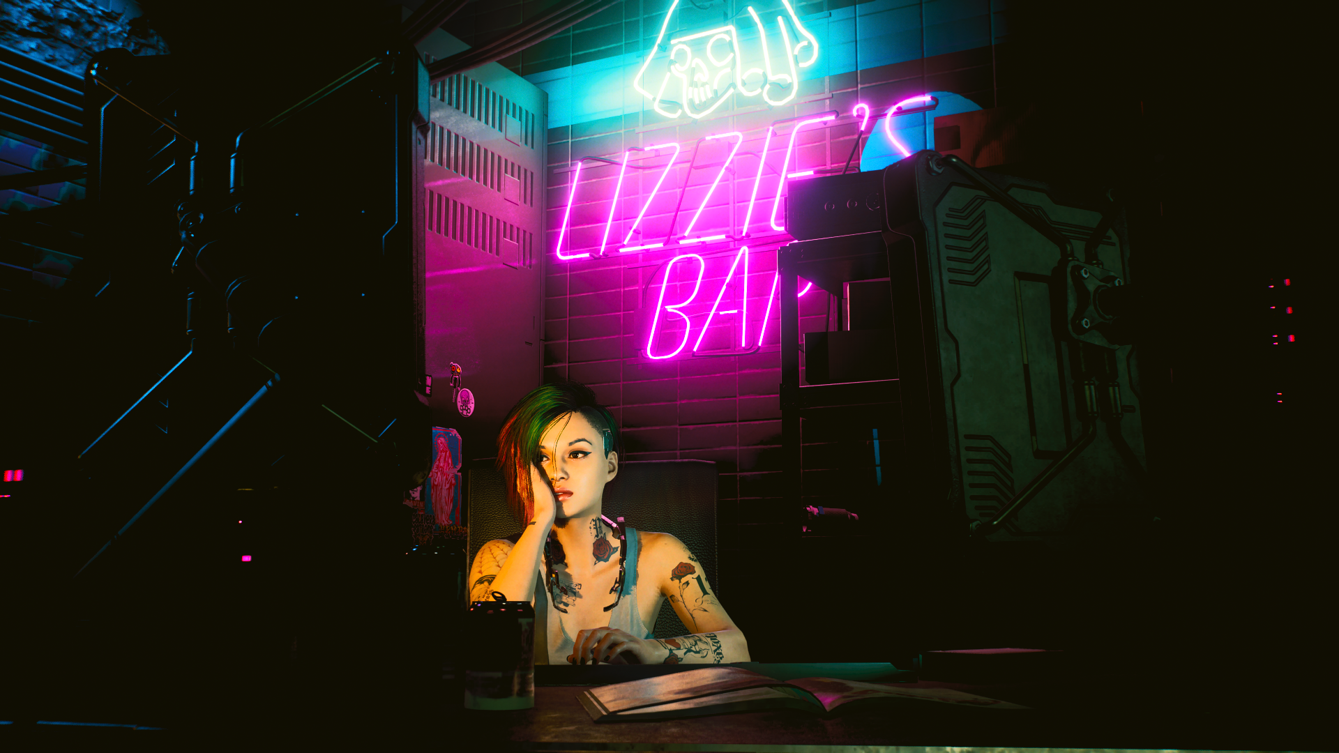HD PC desktop wallpaper of Judy from Cyberpunk 2077: Phantom Liberty seated at a neon-lit bar beneath a glowing Lizzie's Bar sign, bathed in moody magenta and teal cyberpunk lighting.