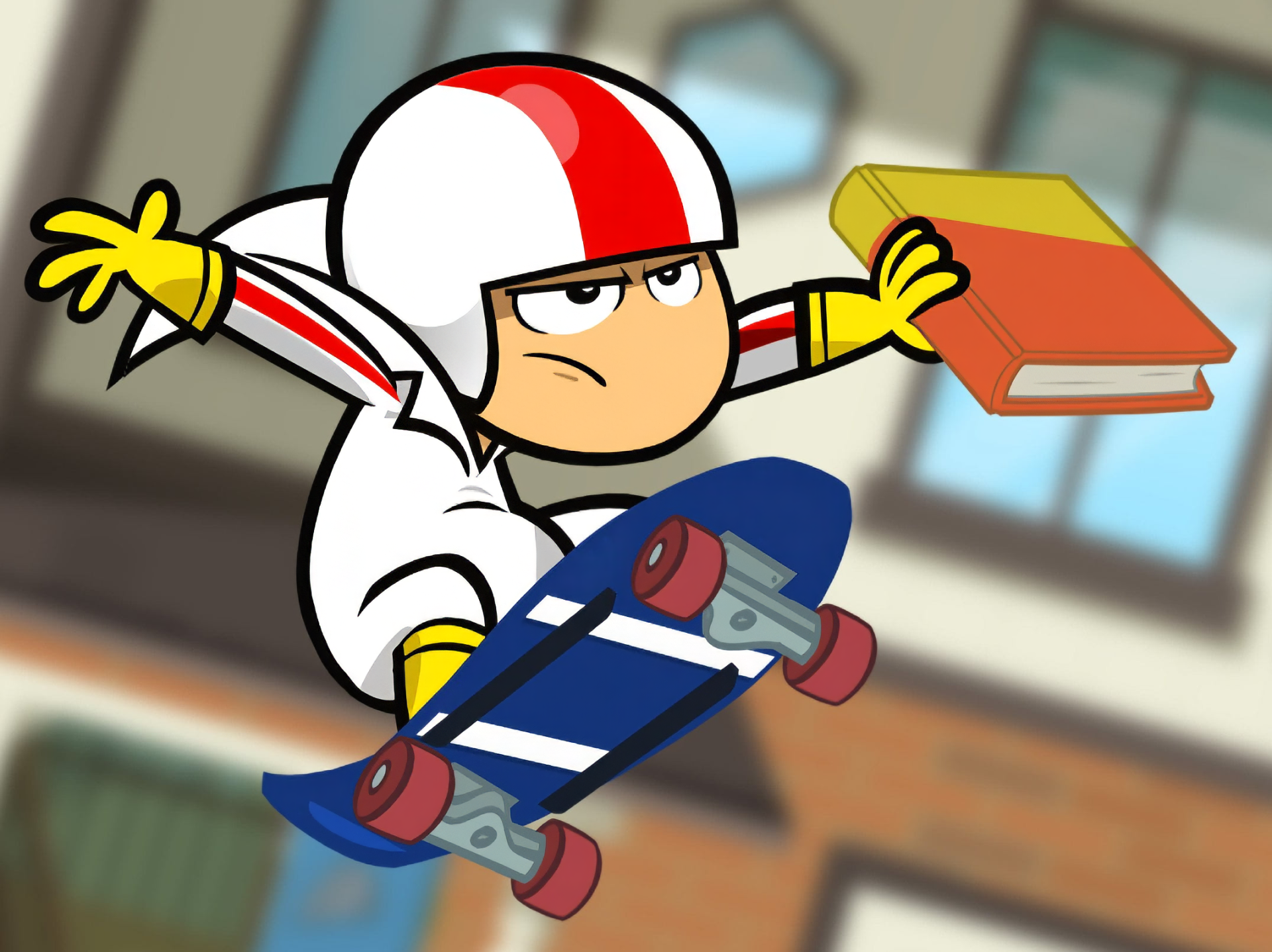 An HD desktop wallpaper featuring Kick Buttowski, the animated character from the TV show, performing a skateboard trick while holding a book, set against a blurred urban backdrop.