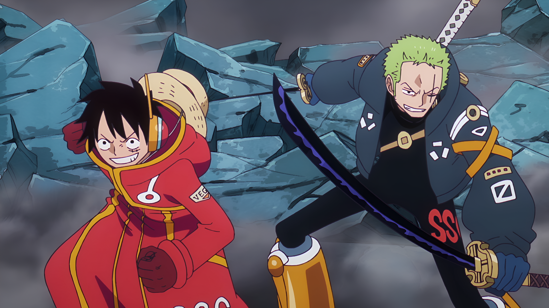 Anime-style 4K Ultra HD wallpaper featuring One Piece characters Monkey D. Luffy and Roronoa Zoro in dynamic action poses amidst rubble.