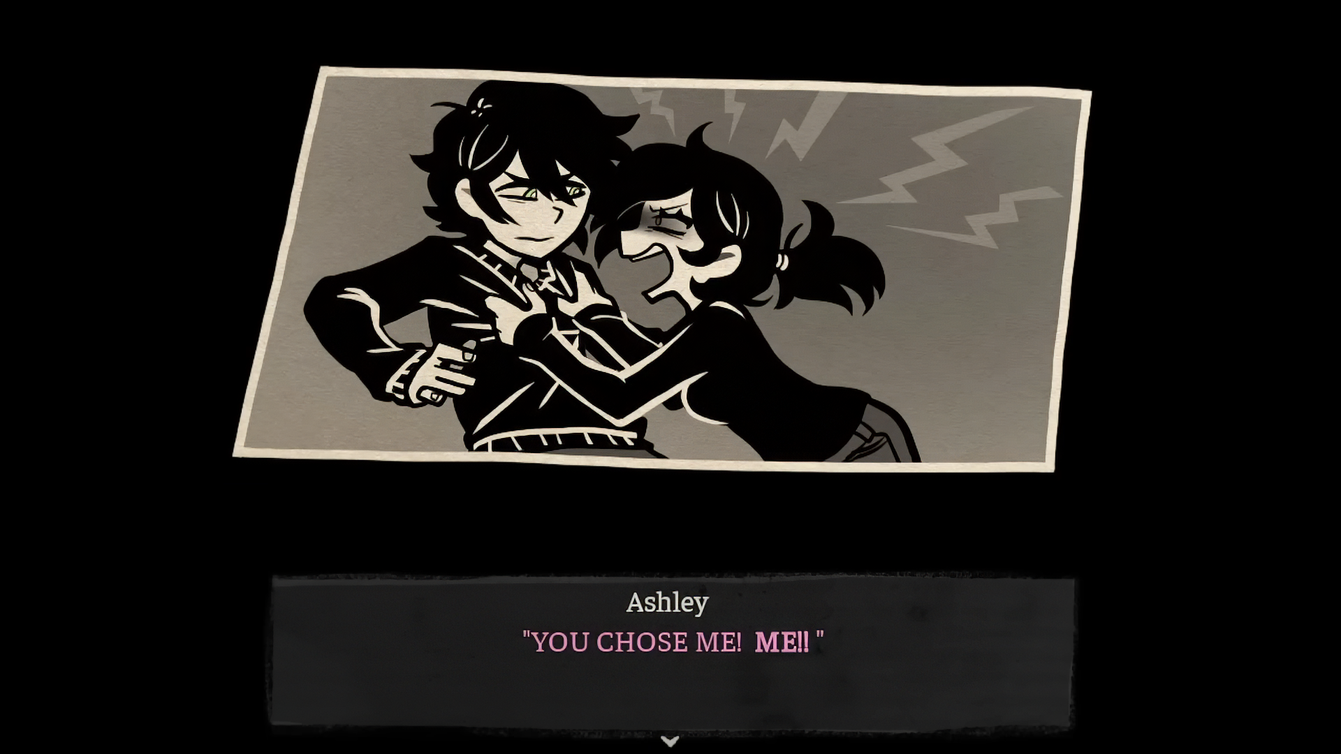 HD desktop wallpaper depicting a dramatic scene from the video game The Coffin of Andy and Leyley. A black-and-white illustration shows two characters in an intense interaction with the caption, You chose me! ME!!