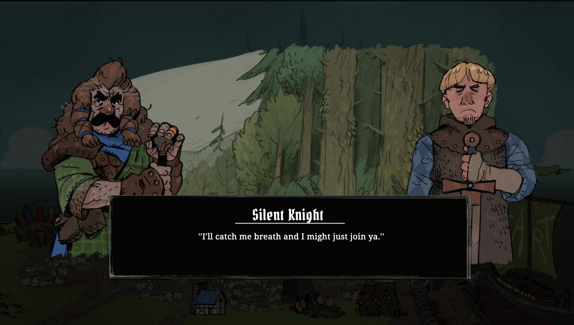 HD desktop wallpaper and background from the video game Tears of Metal, featuring two characters, one burly and one blonde, with text dialogue from a Silent Knight: I'll catch me breath and I might just join ya.