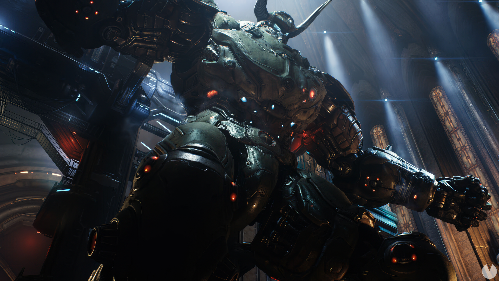 HD desktop wallpaper featuring a menacing robot from the video game DOOM: The Dark Ages, bathed in dramatic lighting with towering architecture in the background.