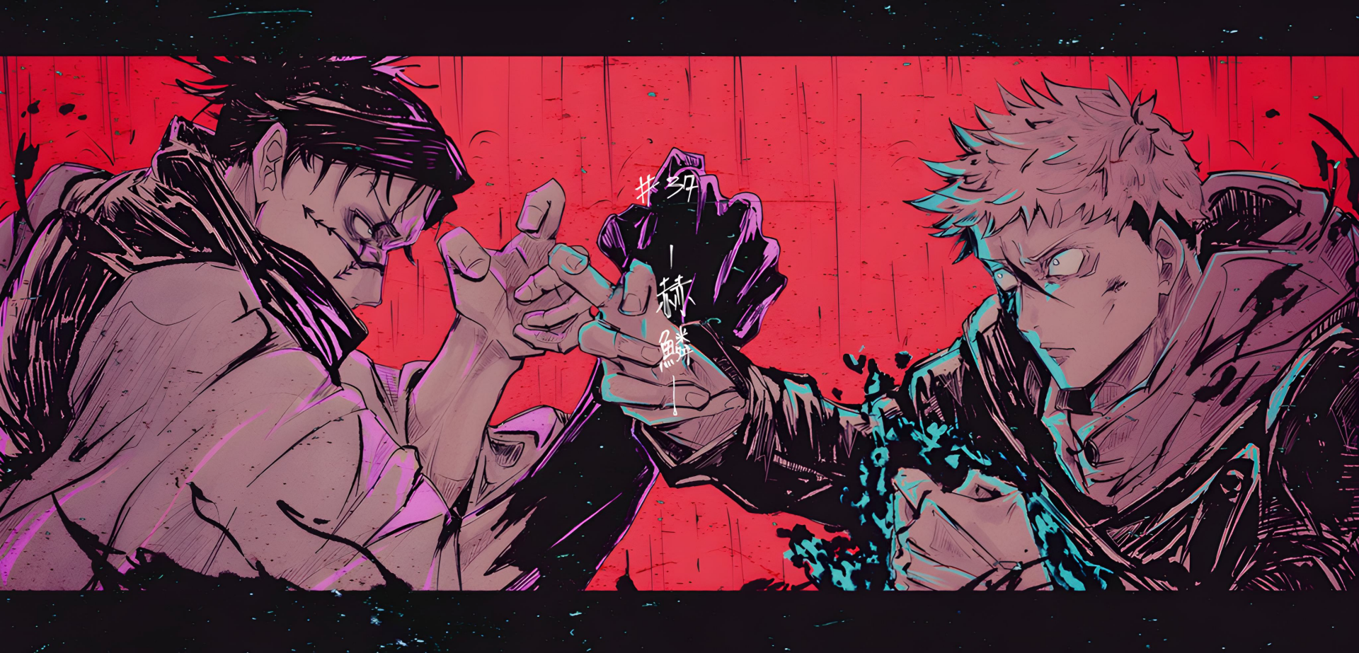 HD desktop wallpaper of Jujutsu Kaisen manga with Yuji Itadori and Choso clashing against a vibrant red background.