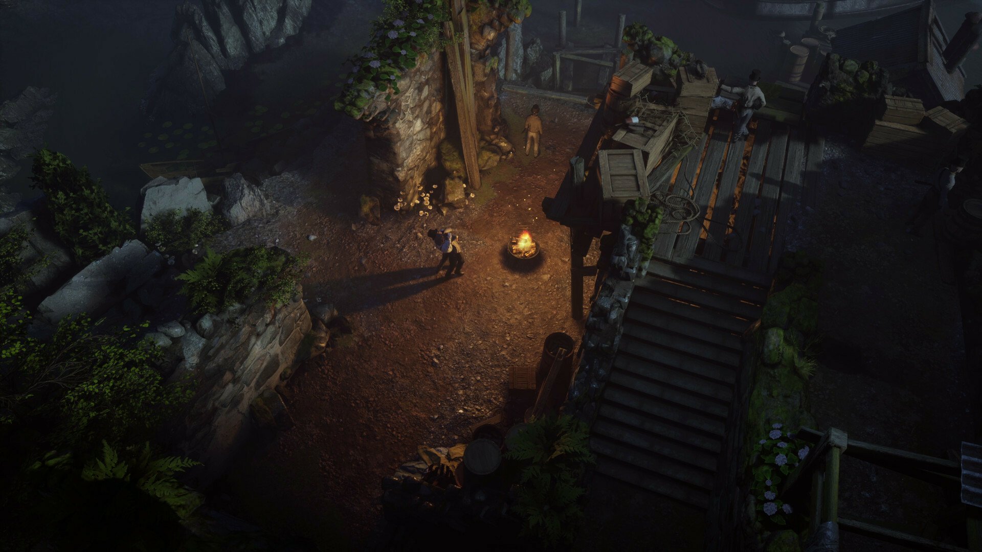 HD wallpaper of a scene from the video game Eriksholm: The Stolen Dream. The image shows an evening campfire setting with characters and structures surrounded by greenery and shadows.
