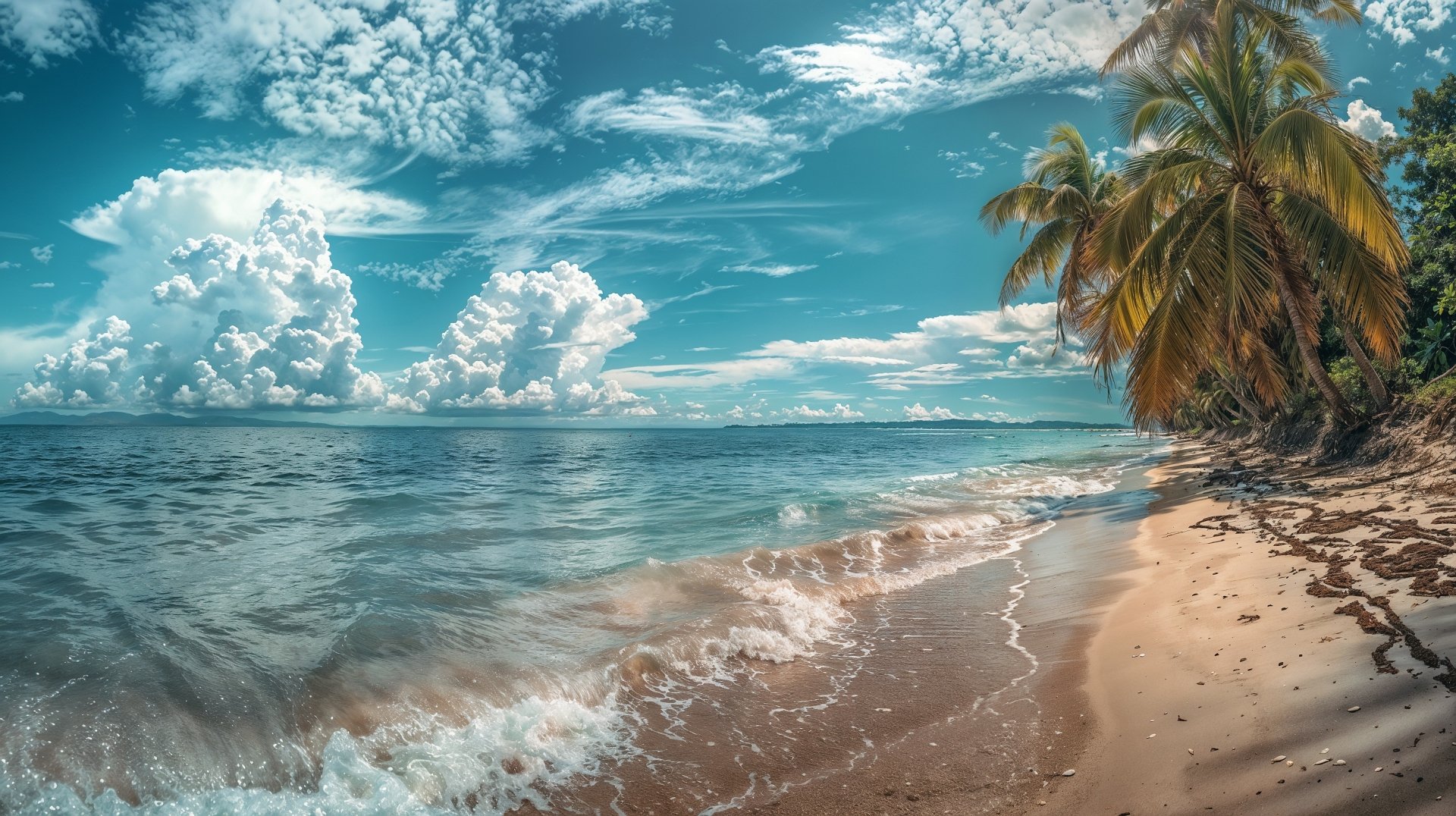 HD desktop wallpaper featuring a tranquil beach scene with gentle waves, sandy shore, palm trees, and a vibrant blue sky dotted with clouds over the sea.