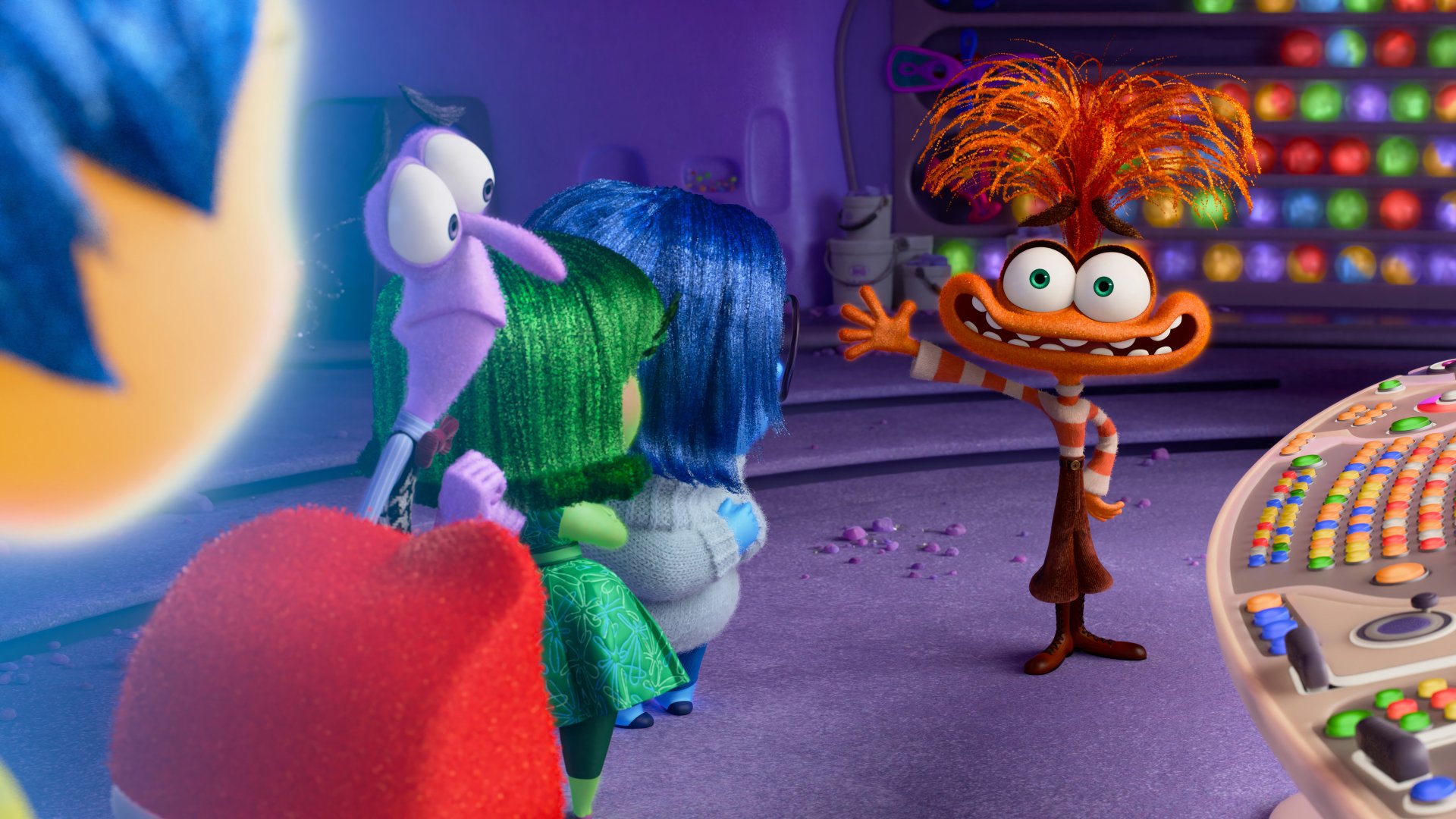HD desktop wallpaper featuring characters from the movie Inside Out 2, including the new character Anxiety. The colorful and vibrant scene showcases the characters in a lively animated setting.
