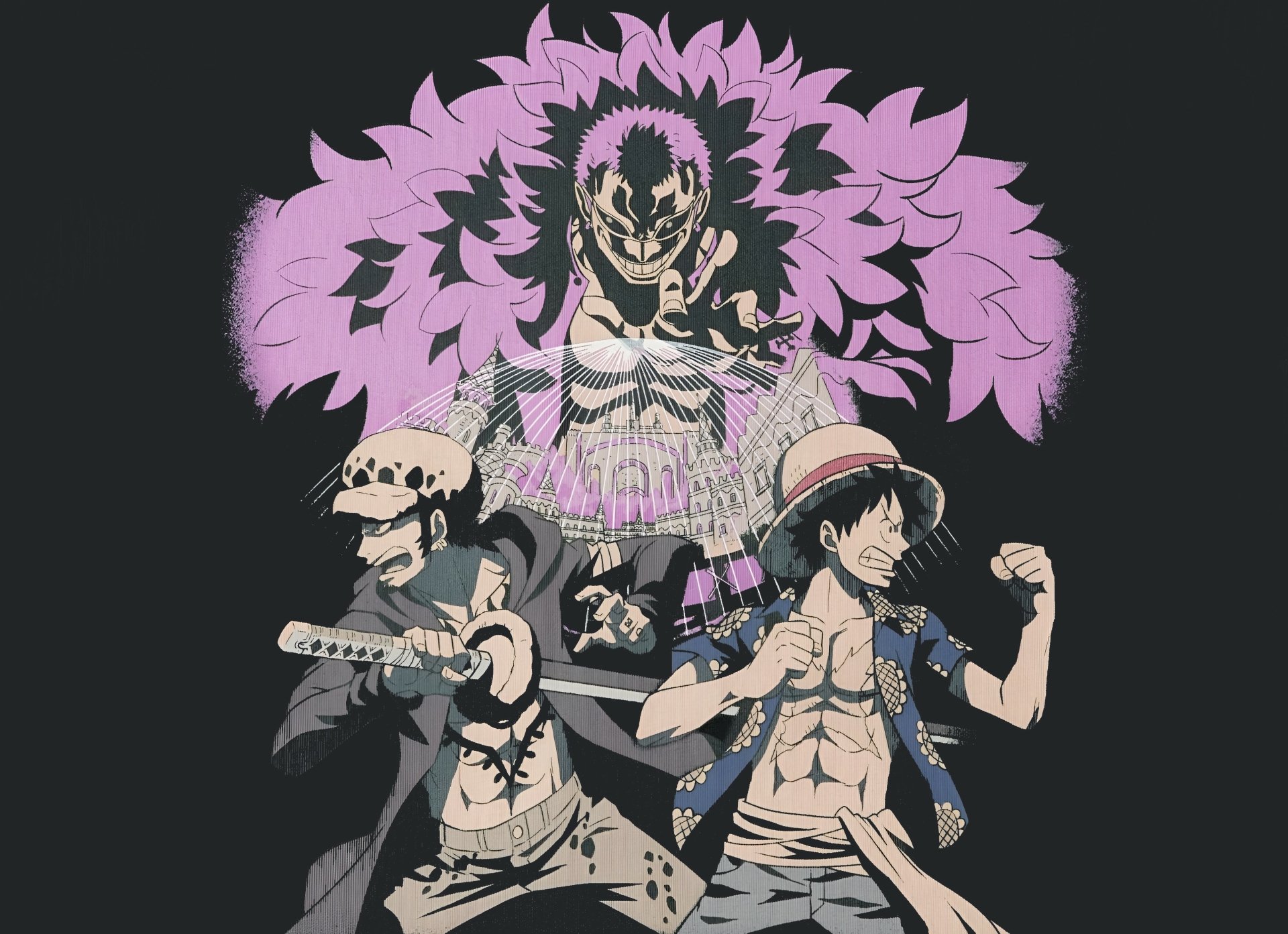 4K Ultra HD anime wallpaper featuring One Piece characters Trafalgar Law, Donquixote Doflamingo, and Monkey D. Luffy poised for battle against a dark background.