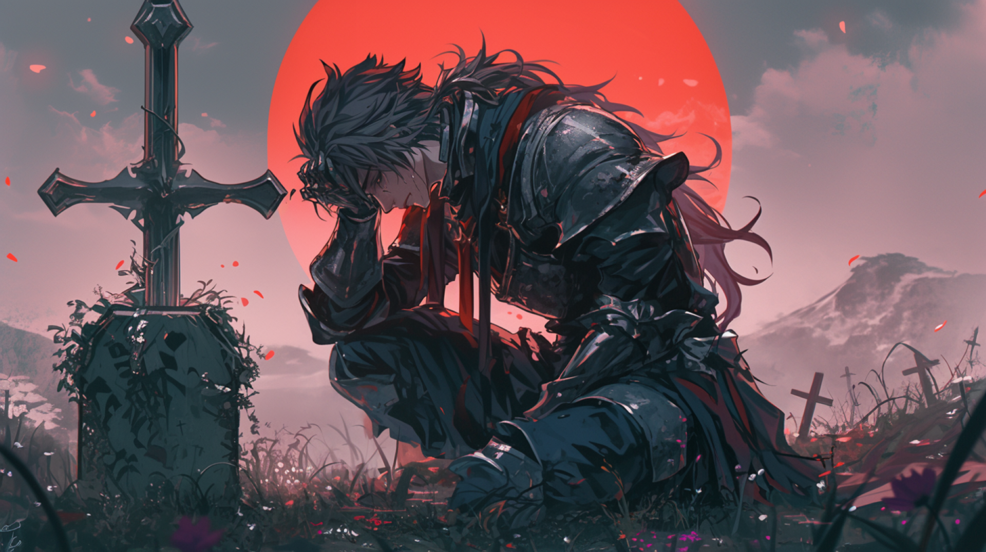 Anime-style fantasy RPG scene features a dark armored warrior kneeling by a cross-shaped grave against a large red sun, rendered as an HD PC desktop wallpaper.