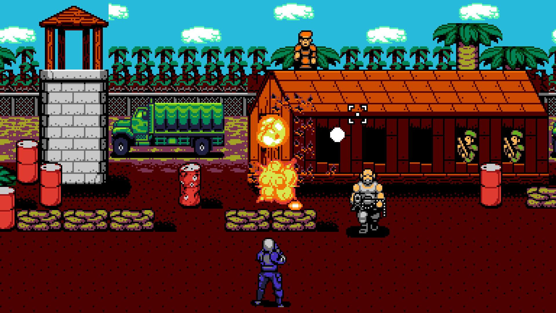 HD desktop wallpaper of the video game UFO 50. The retro-style scene depicts a combat scenario with explosions, a soldier, and enemies in a jungle base with vibrant pixel art.