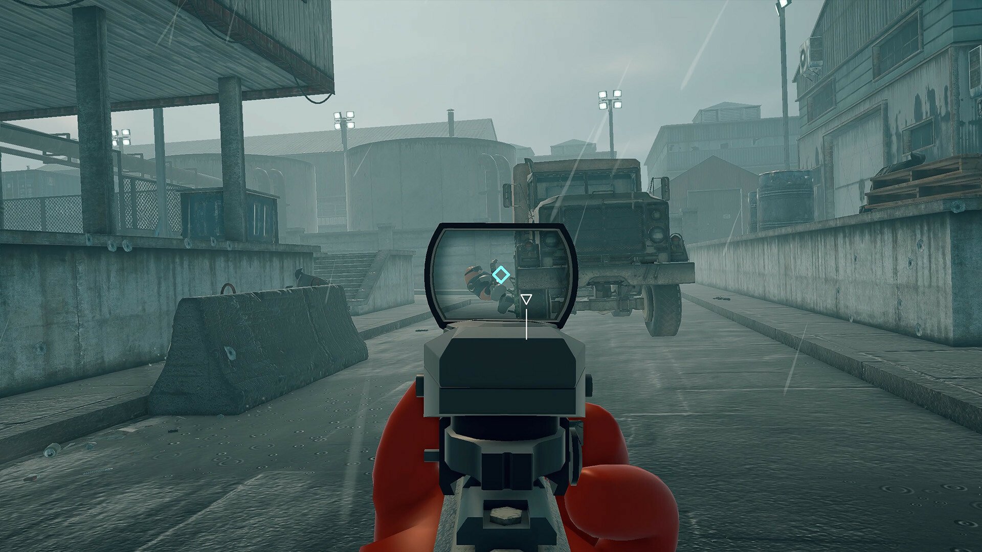 HD desktop wallpaper of a scene from the video game Killer Bean, featuring a first-person view aiming a gun at an enemy in an industrial setting under rainy weather.