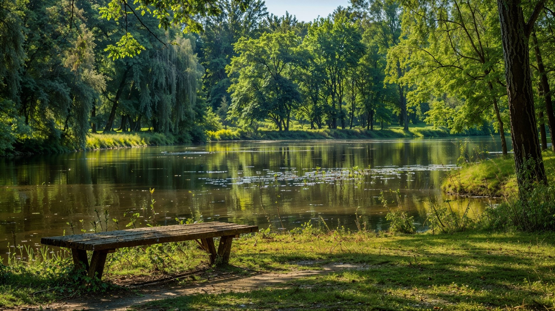HD desktop wallpaper of a serene summer park with lush green trees and a calm pond, featuring a wooden bench on the grassy shore.