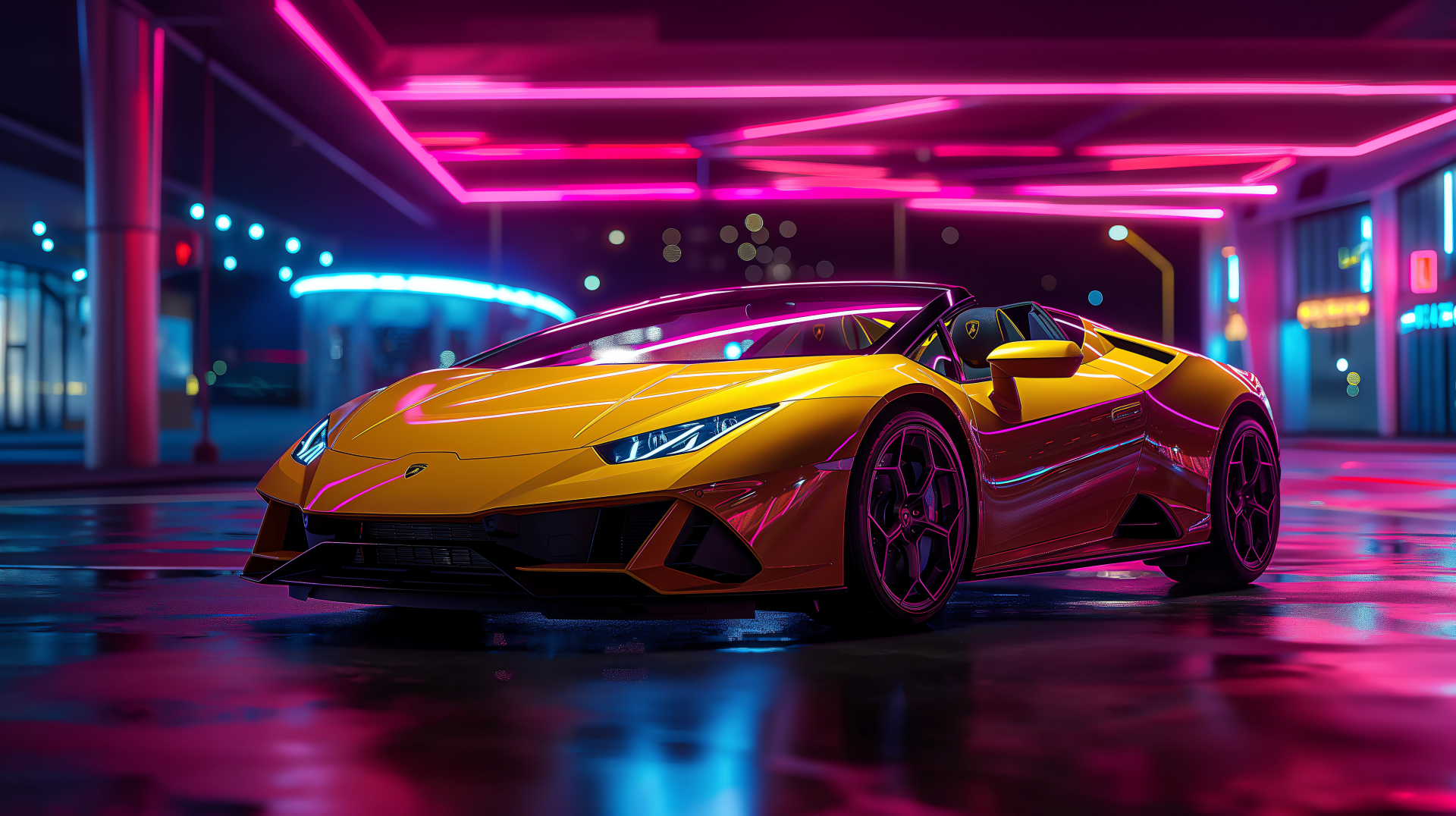 A vibrant 4K Ultra HD PC desktop wallpaper featuring a sleek yellow Lamborghini Huracan Spyder under neon pink and blue lights in a futuristic setting.