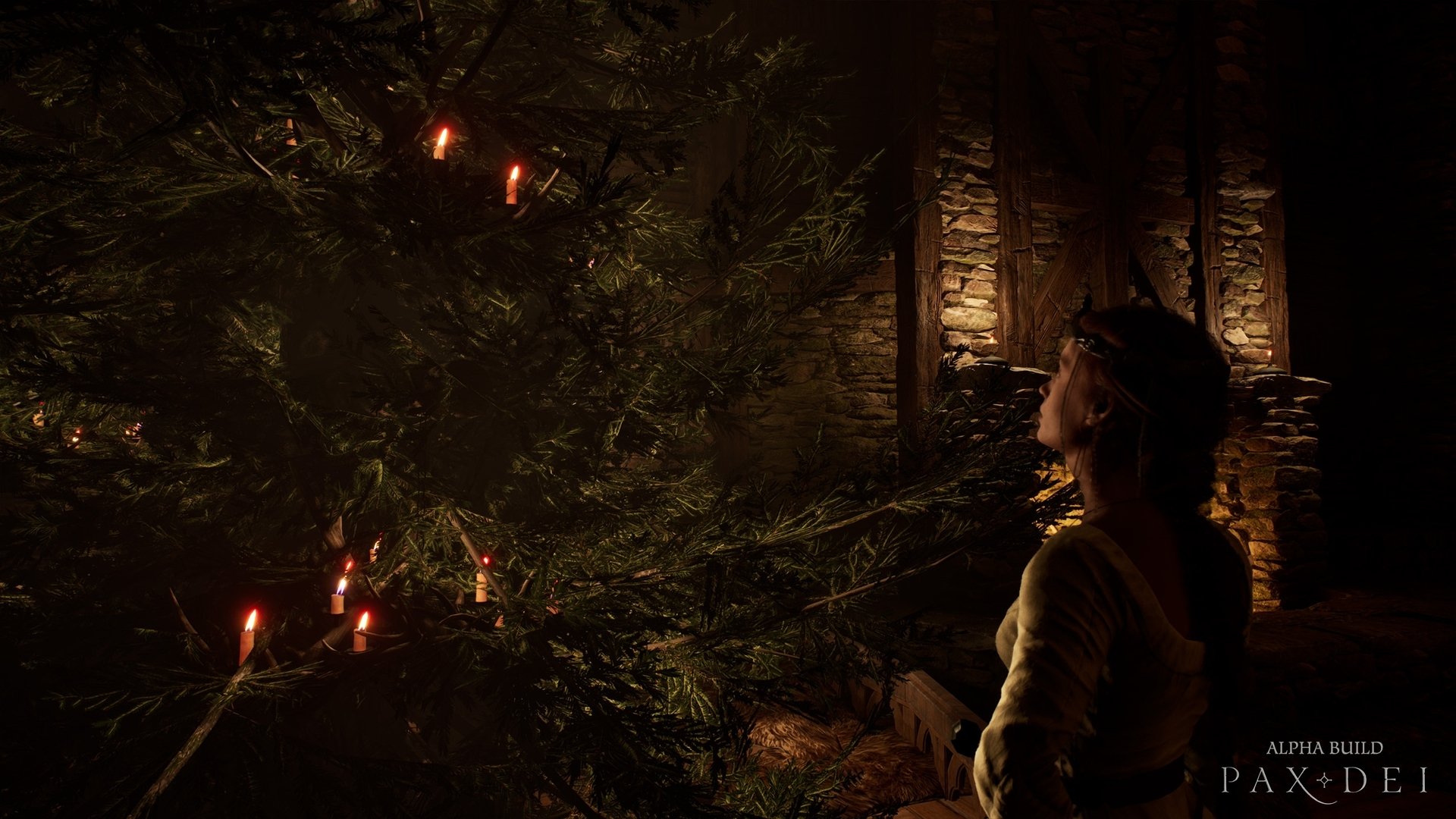 A high-definition Pax Dei video game wallpaper featuring a scene of a character looking at a candlelit tree in a dark, medieval setting.