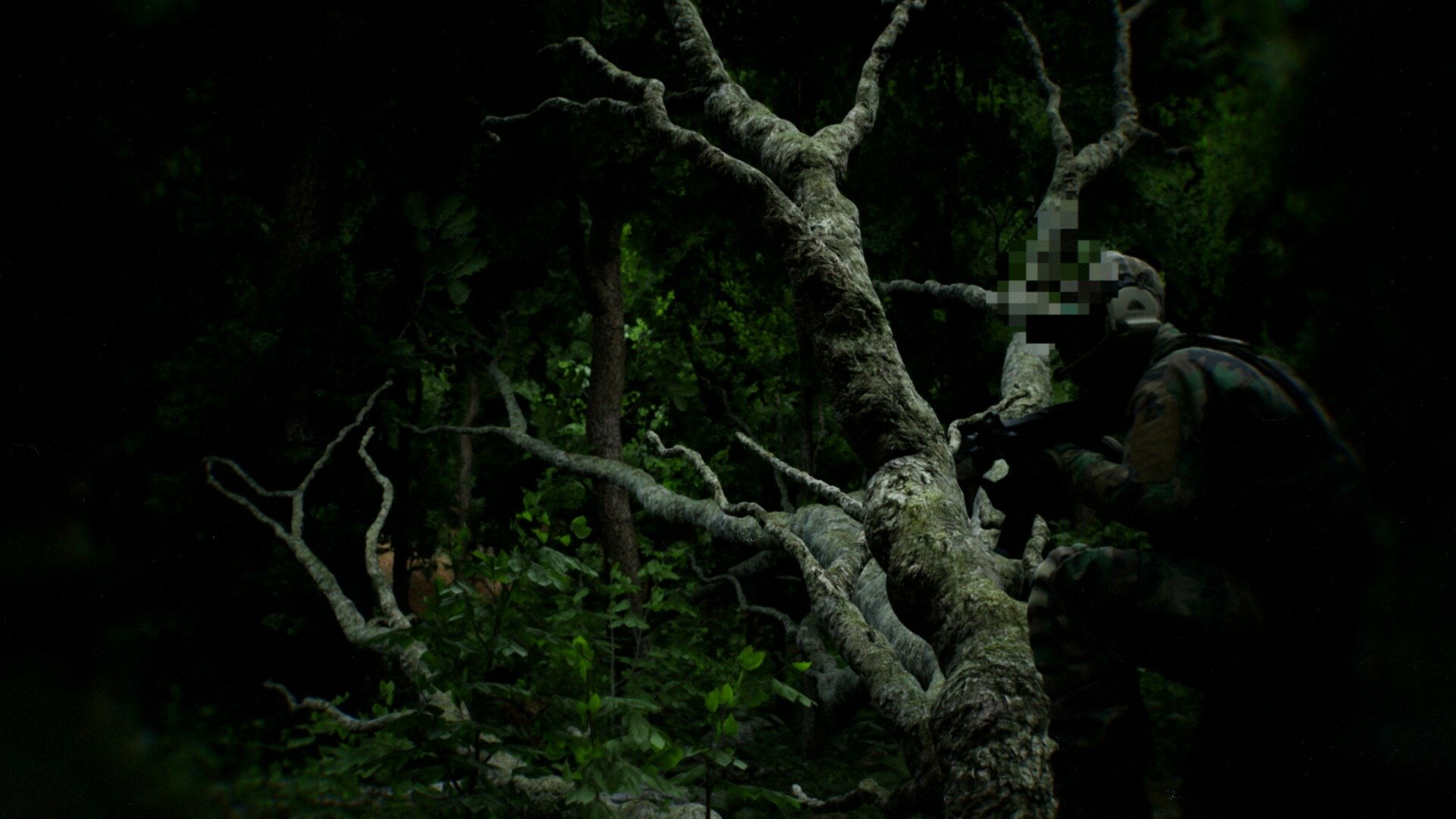 A high-definition bodycam-style desktop wallpaper showing a soldier in a dark, dense forest, partially obscured by a tree. The scene exudes a tense, stealthy atmosphere.