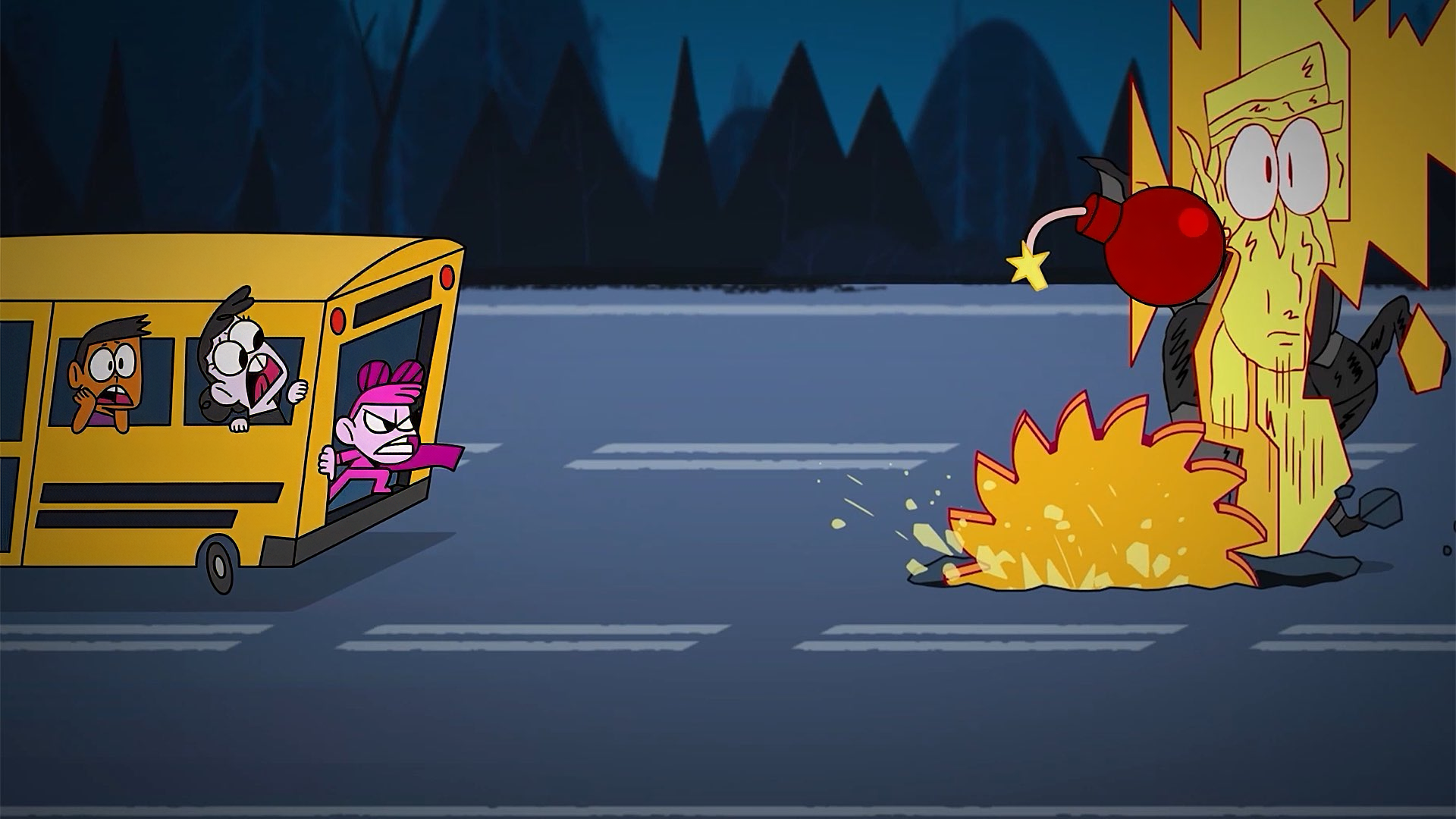 HD desktop wallpaper featuring a scene from the video game BLUD. Characters are engaging in a dramatic, cartoon-style confrontation with a large creature, alongside a yellow bus on a dark road.