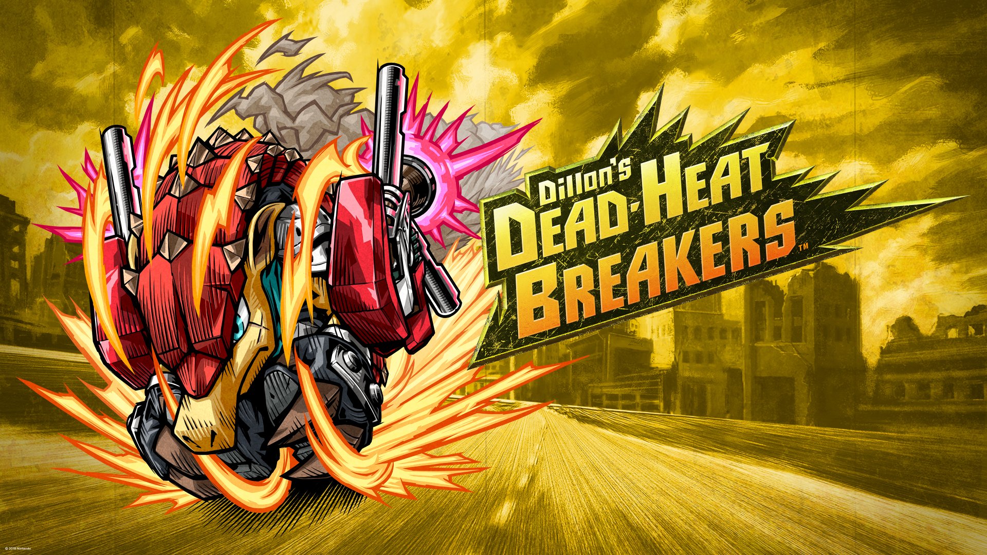 4K Ultra HD PC desktop wallpaper and background for Dillon's Dead-Heat Breakers: armored, gun-armed flaming armadillo racing past a sunlit city with the game's bold logo.