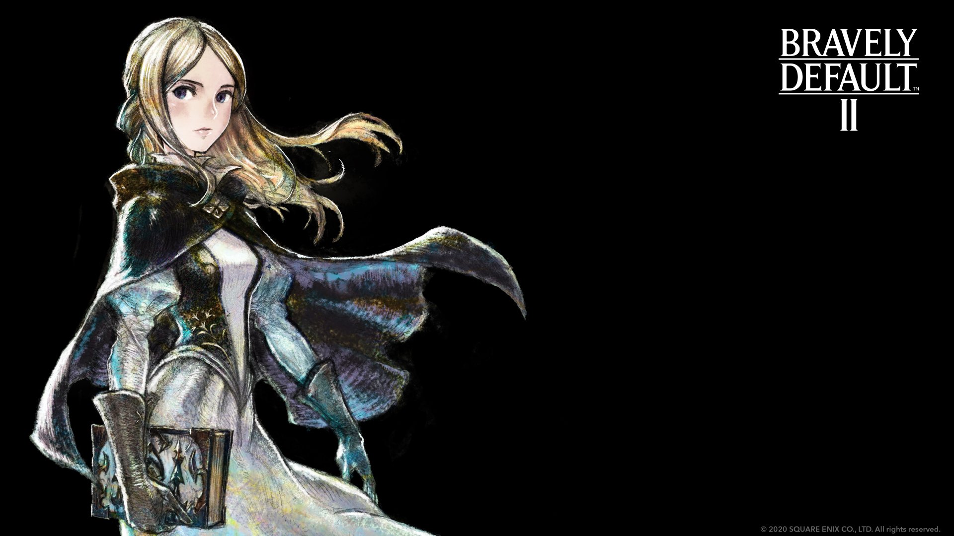 Bravely Default II 4K Ultra HD PC Desktop Wallpaper and Background: watercolor-style cloaked heroine holding a book on a black background with the game logo in the top right.
