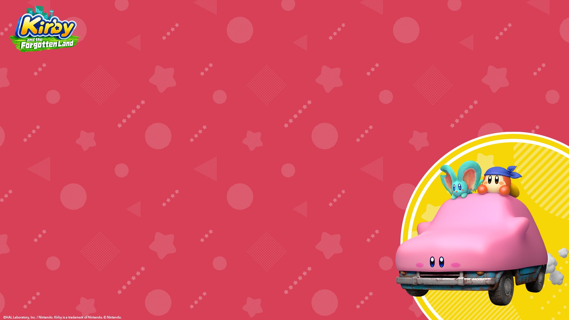 HD PC desktop wallpaper featuring Kirby and friends riding in a pink car against a red background, styled from Kirby and The Forgotten Land.