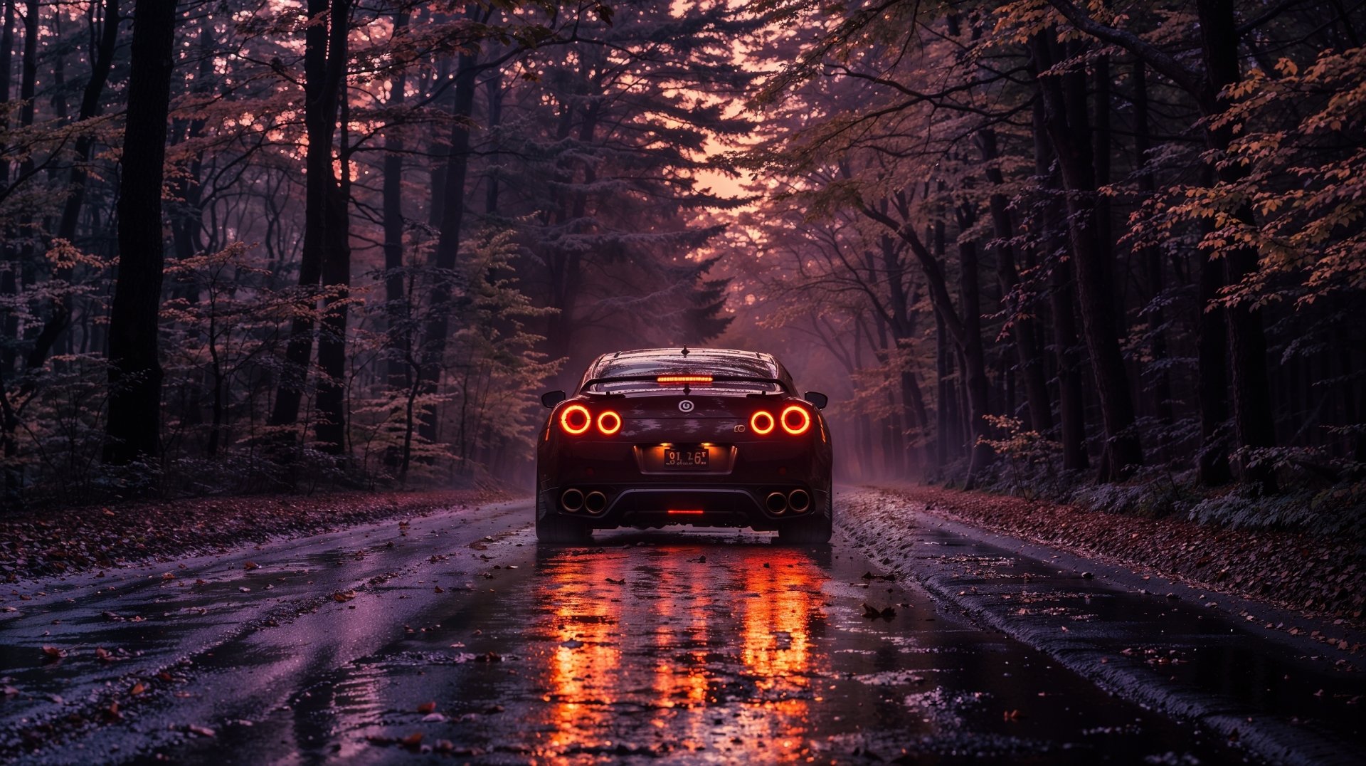Rear view of a Nissan GT-R on a wet forest road at dusk, featuring glowing taillights and rich autumn colors, captured in a high-definition PC desktop wallpaper.