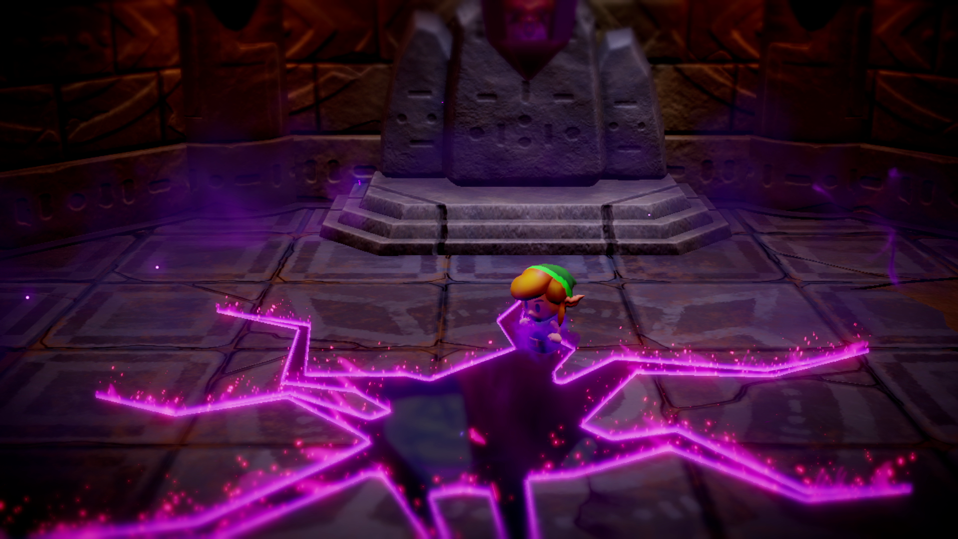 HD desktop wallpaper and background from The Legend of Zelda: Echoes of Wisdom, featuring a character in a colorful outfit standing on a cracked, glowing purple floor with a stone structure in the background.