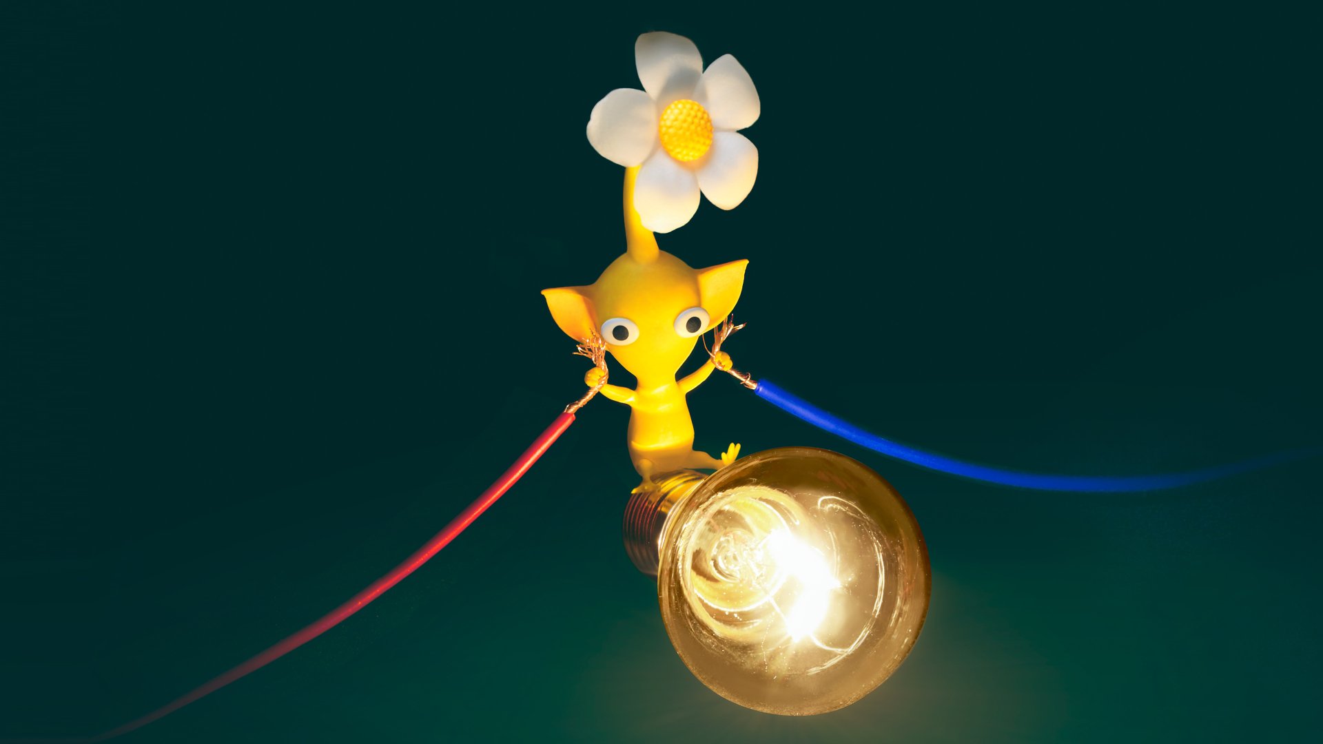 A 4K Ultra HD PC desktop wallpaper featuring a yellow Pikmin holding a glowing light bulb, set against a dark background.