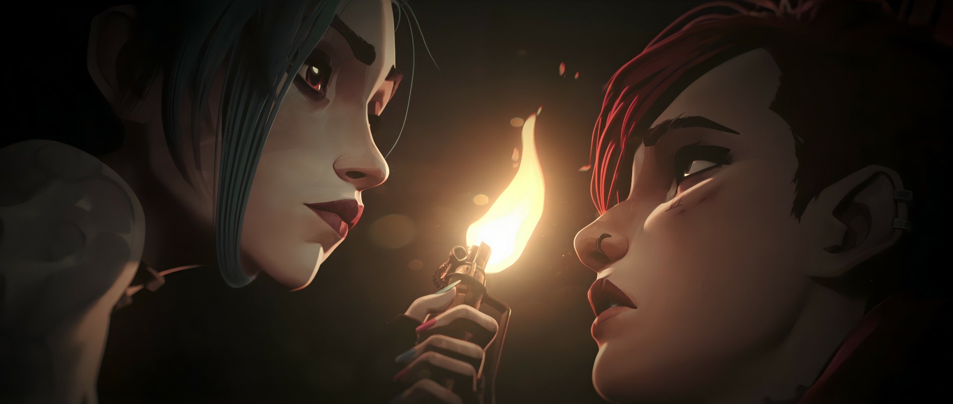 HD desktop wallpaper from the TV show Arcane, featuring two characters face-to-face with a lighter illuminating their expressions.