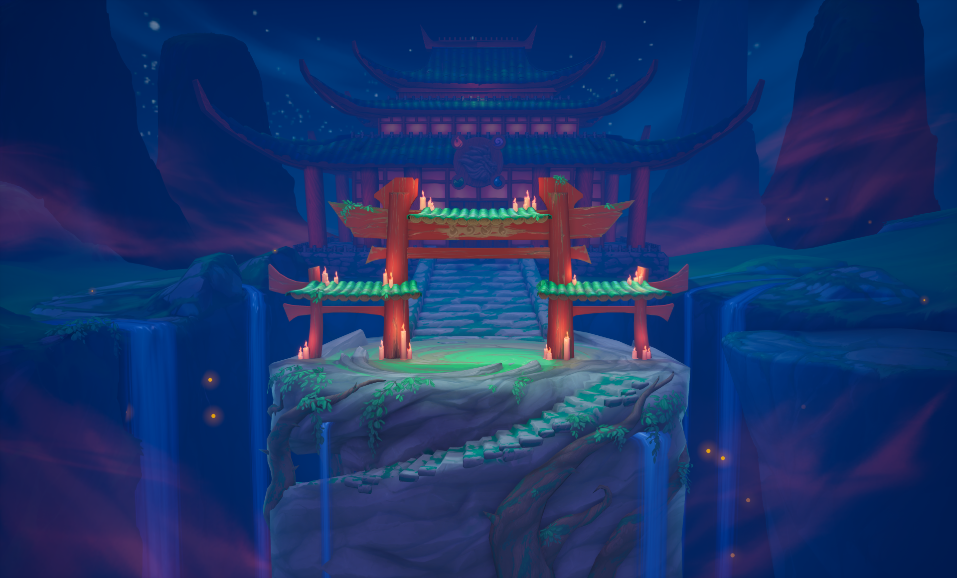 HD desktop wallpaper of a serene night scene in the video game Rivals 2, featuring a torii gate on a cliff with waterfalls and a traditional Asian temple in the background.