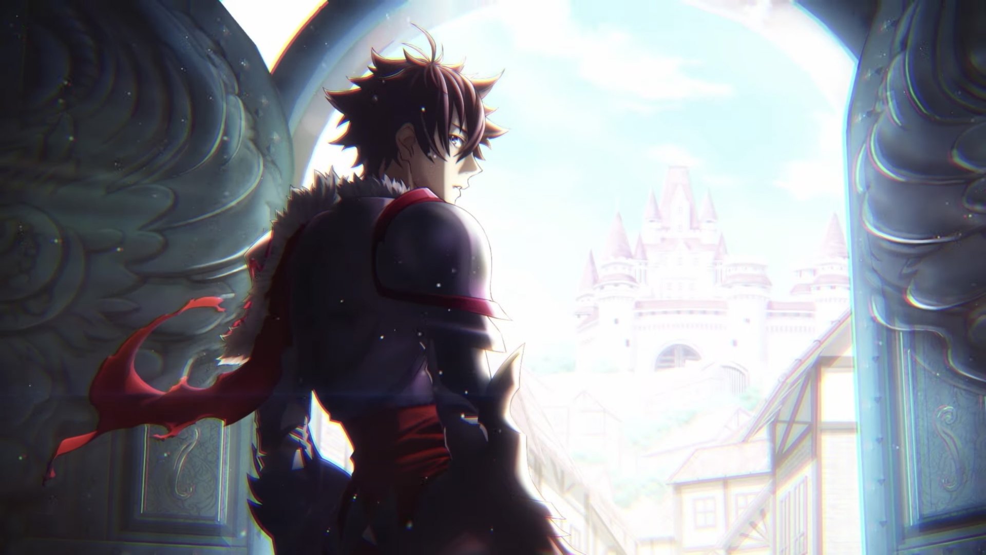 HD desktop wallpaper featuring a character from the anime I Got a Cheat Skill in Another World and Became Unrivaled in The Real World Too, standing dramatically in front of a castle backdrop.