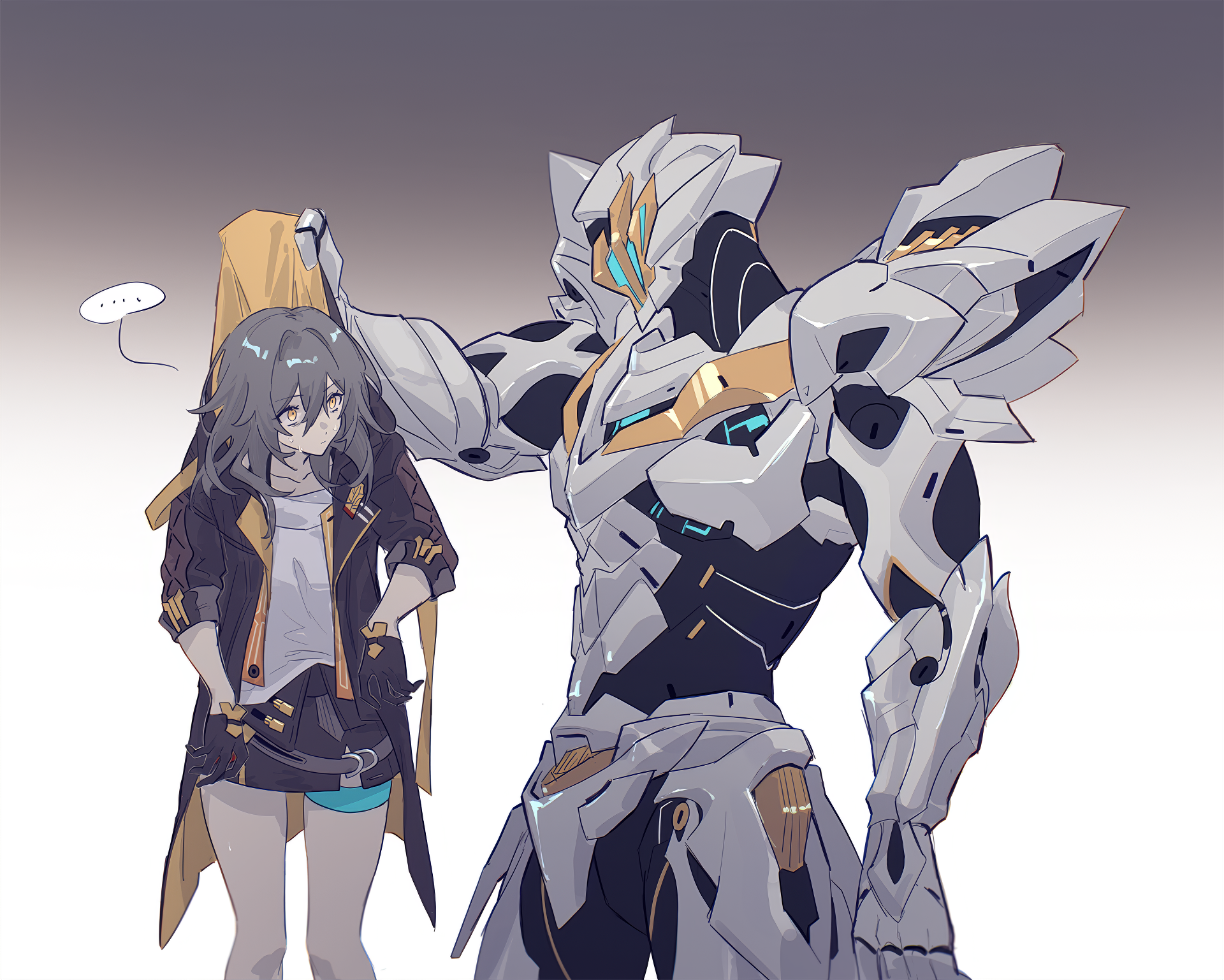 HD desktop wallpaper featuring characters from Honkai: Star Rail, including Sam. The scene depicts a large armored figure draping a jacket over a smaller, casual-looking character.